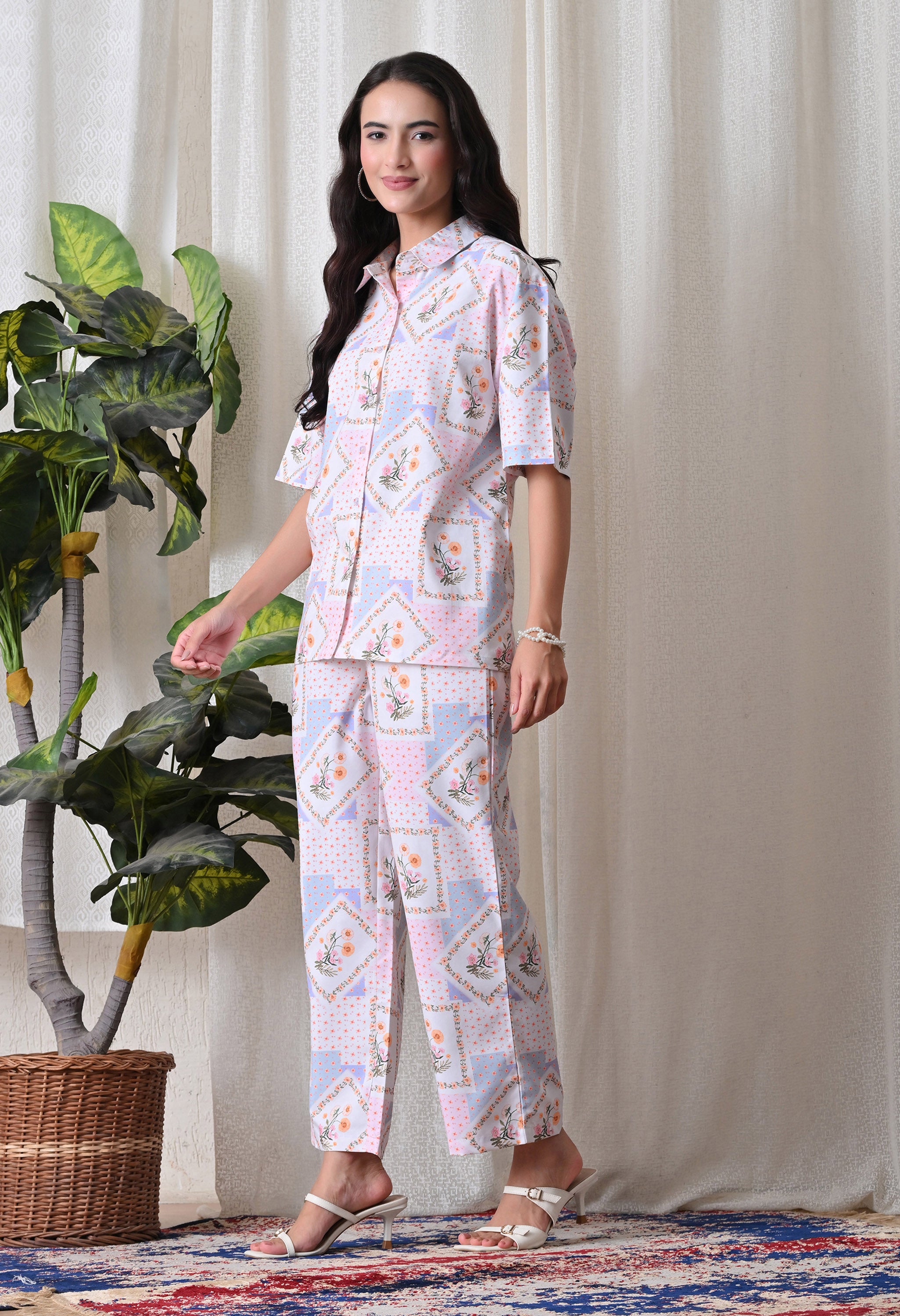 Lavender Floral Patchwork Printed Japanese Blend Cotton Shirt & Pyjama Set by Ameerah