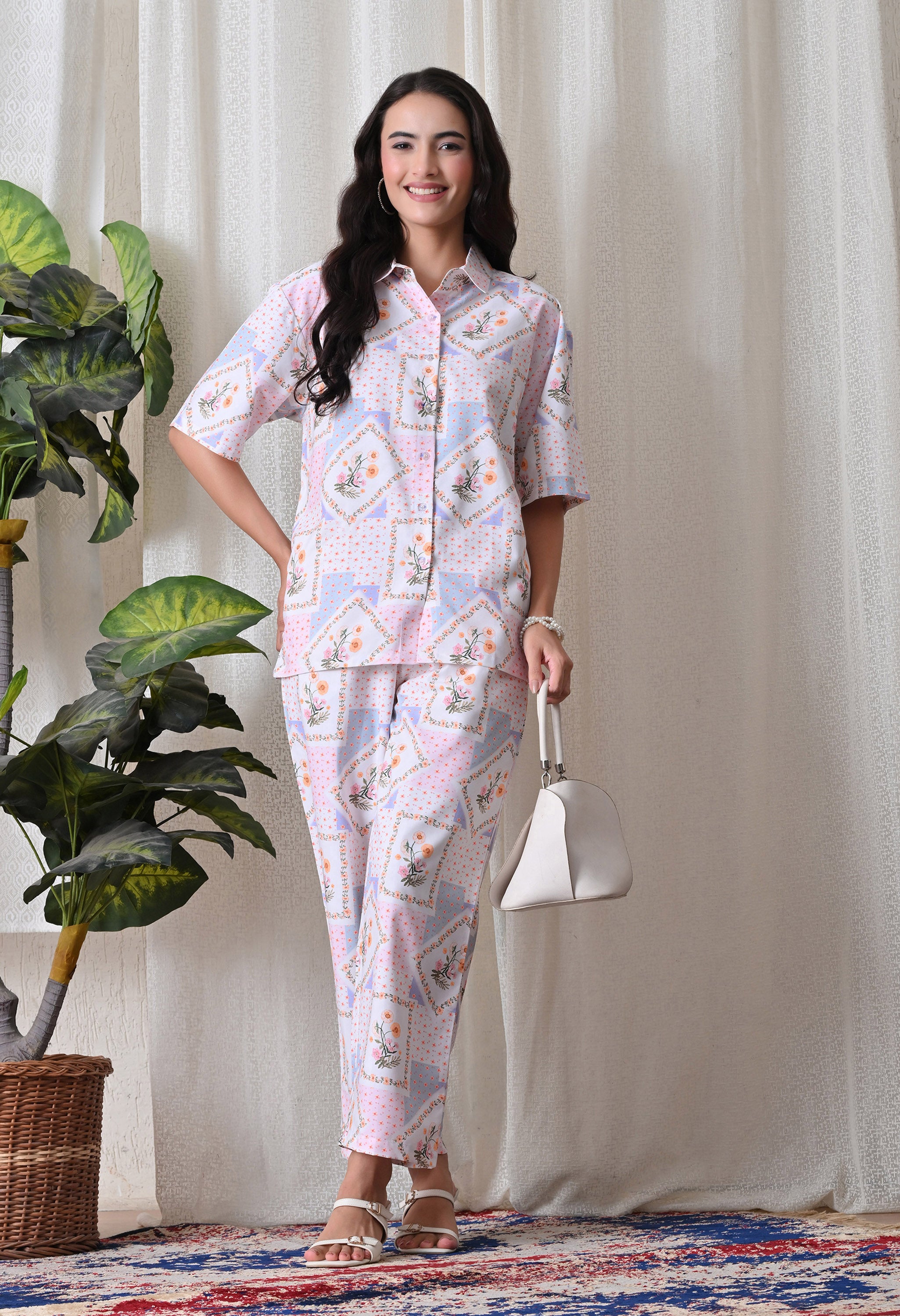Lavender Floral Patchwork Printed Japanese Blend Cotton Shirt & Pyjama Set by Ameerah