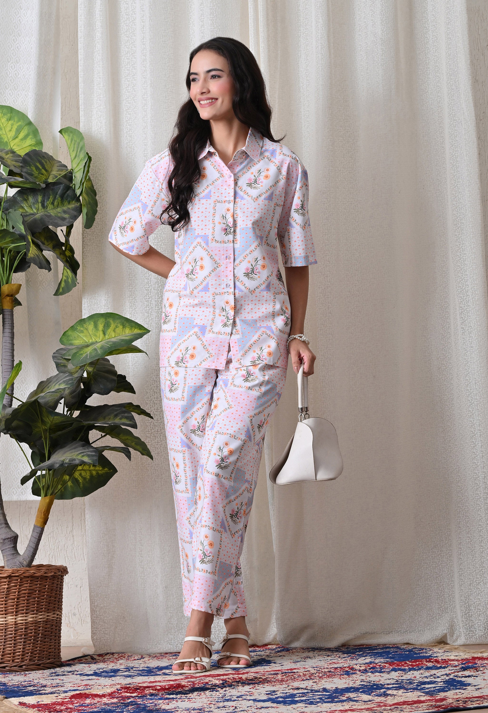 Lavender Floral Patchwork Printed Japanese Blend Cotton Shirt & Pyjama Set by Ameerah