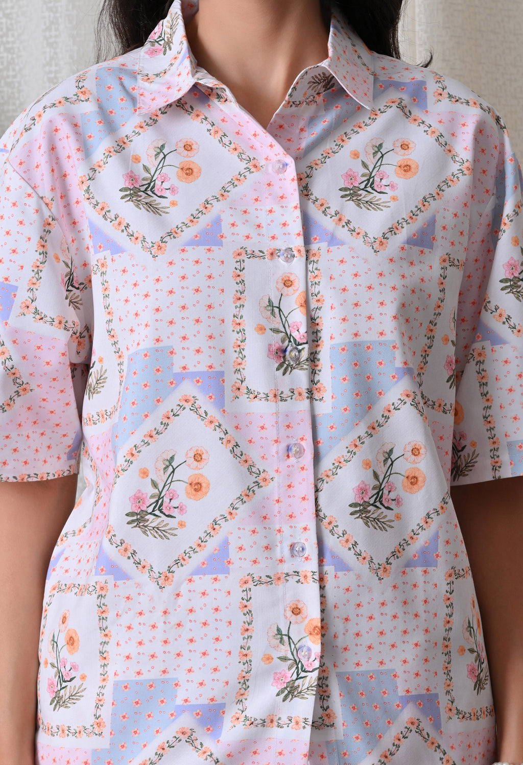 Lavender Floral Patchwork Printed Japanese Blend Cotton Shirt & Pyjama Set by Ameerah