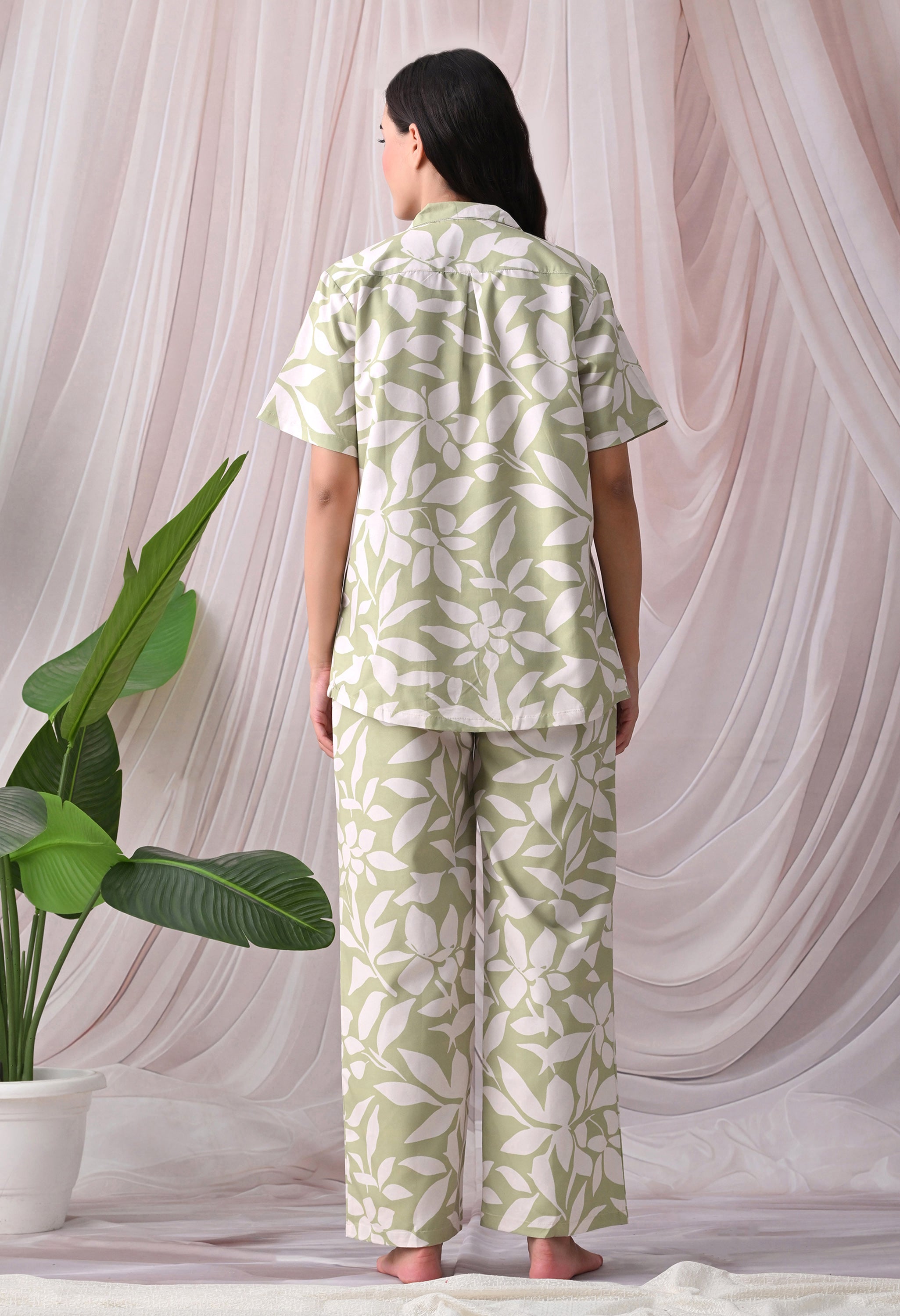 Sage Green Floral botanical Printed Japanese Blend Cotton Nightsuit Set by Ameerah