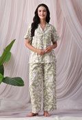 Sage Green Floral botanical Printed Japanese Blend Cotton Nightsuit Set by Ameerah