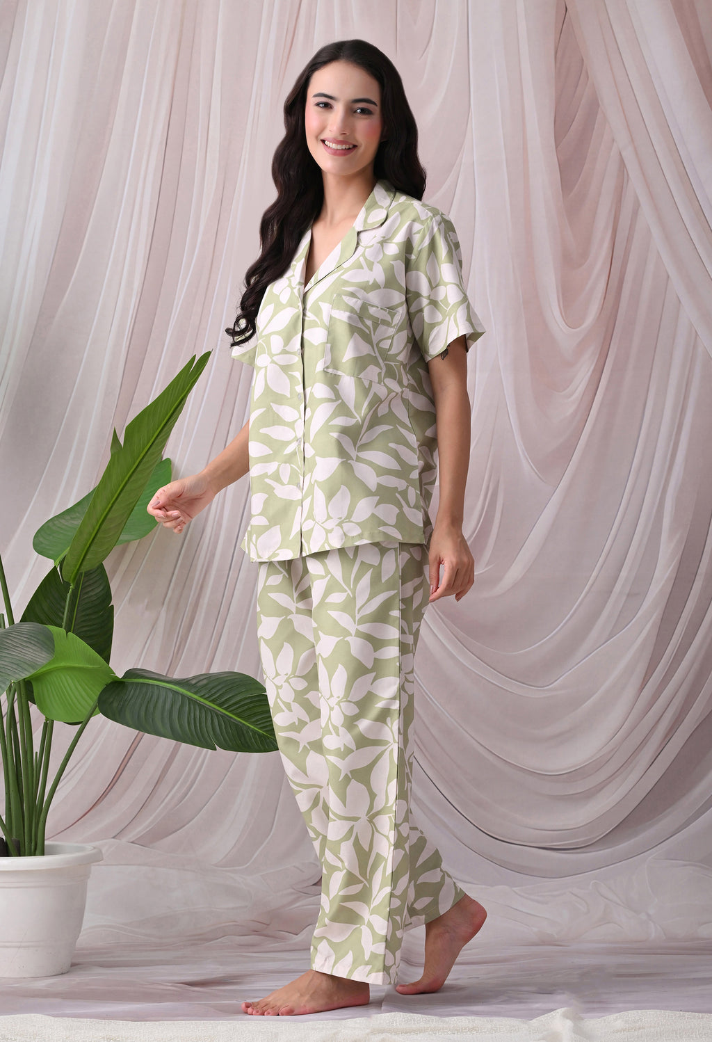 Sage Green Floral botanical Printed Japanese Blend Cotton Nightsuit Set by Ameerah