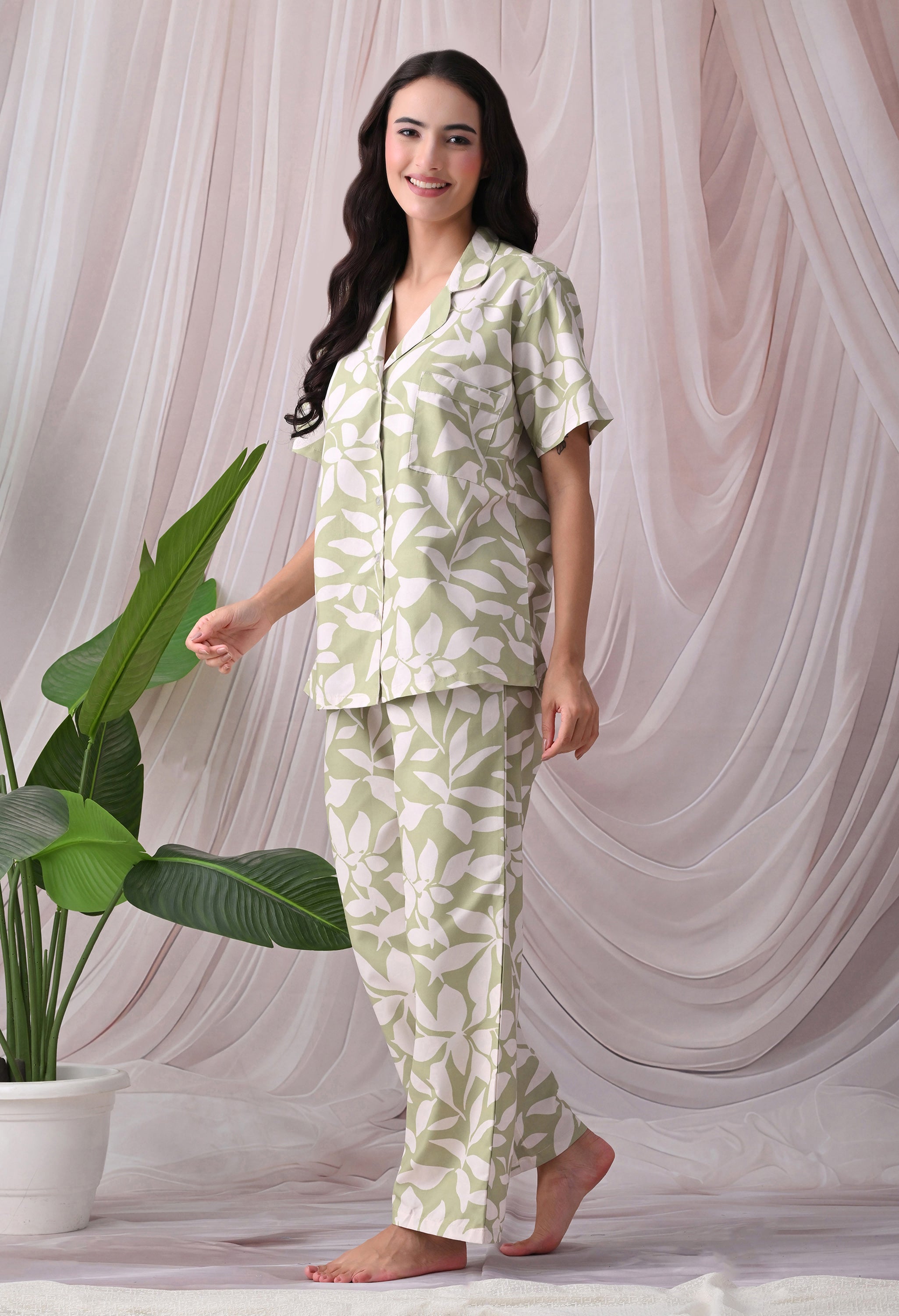 Sage Green Floral botanical Printed Japanese Blend Cotton Nightsuit Set by Ameerah