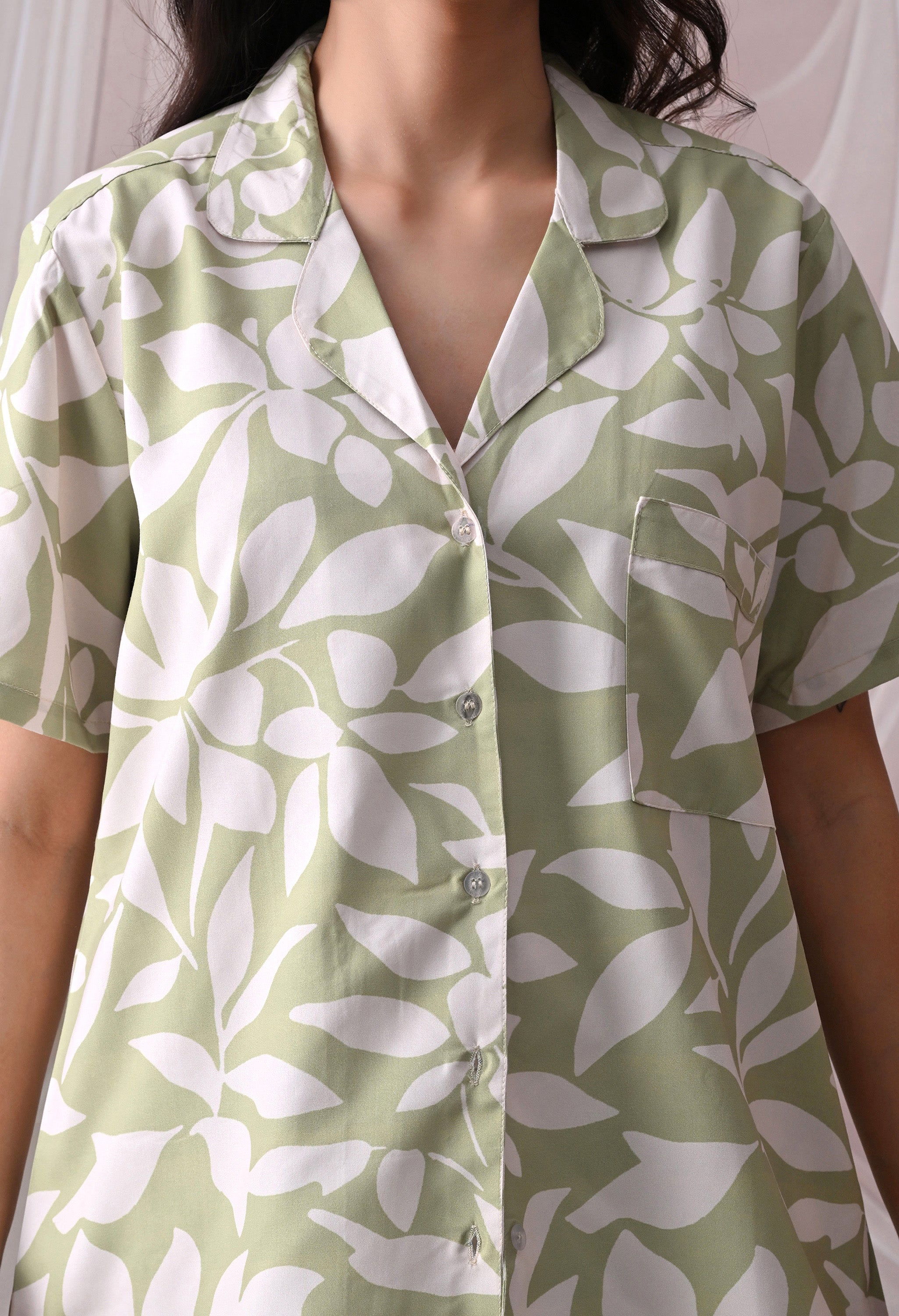 Sage Green Floral botanical Printed Japanese Blend Cotton Nightsuit Set by Ameerah