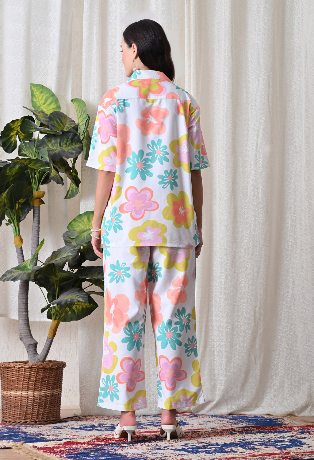 White bold oversized Floral Printed Japanese Blend Cotton Shirt & Pyjama Set by Ameerah