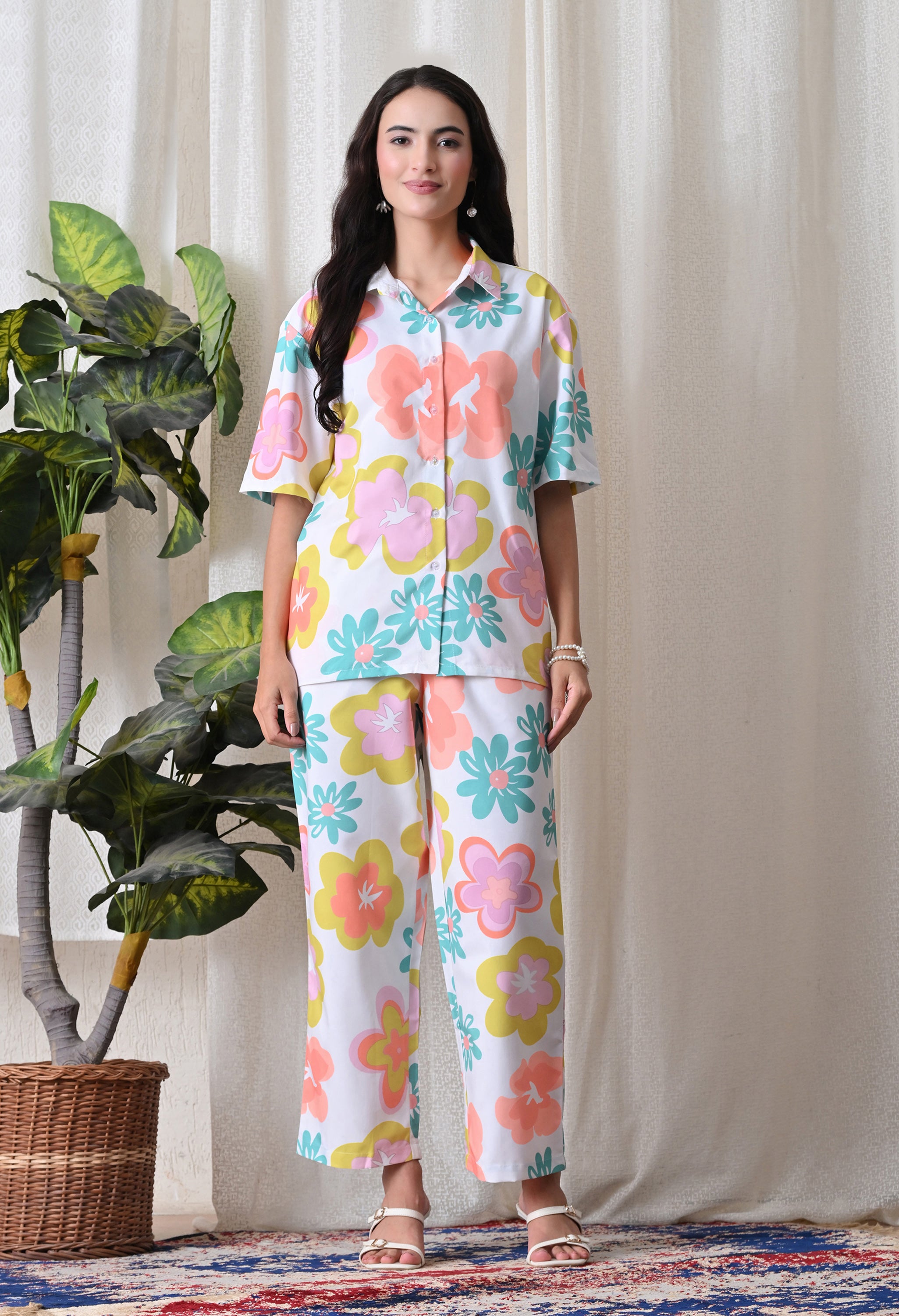 White bold oversized Floral Printed Japanese Blend Cotton Shirt & Pyjama Set by Ameerah