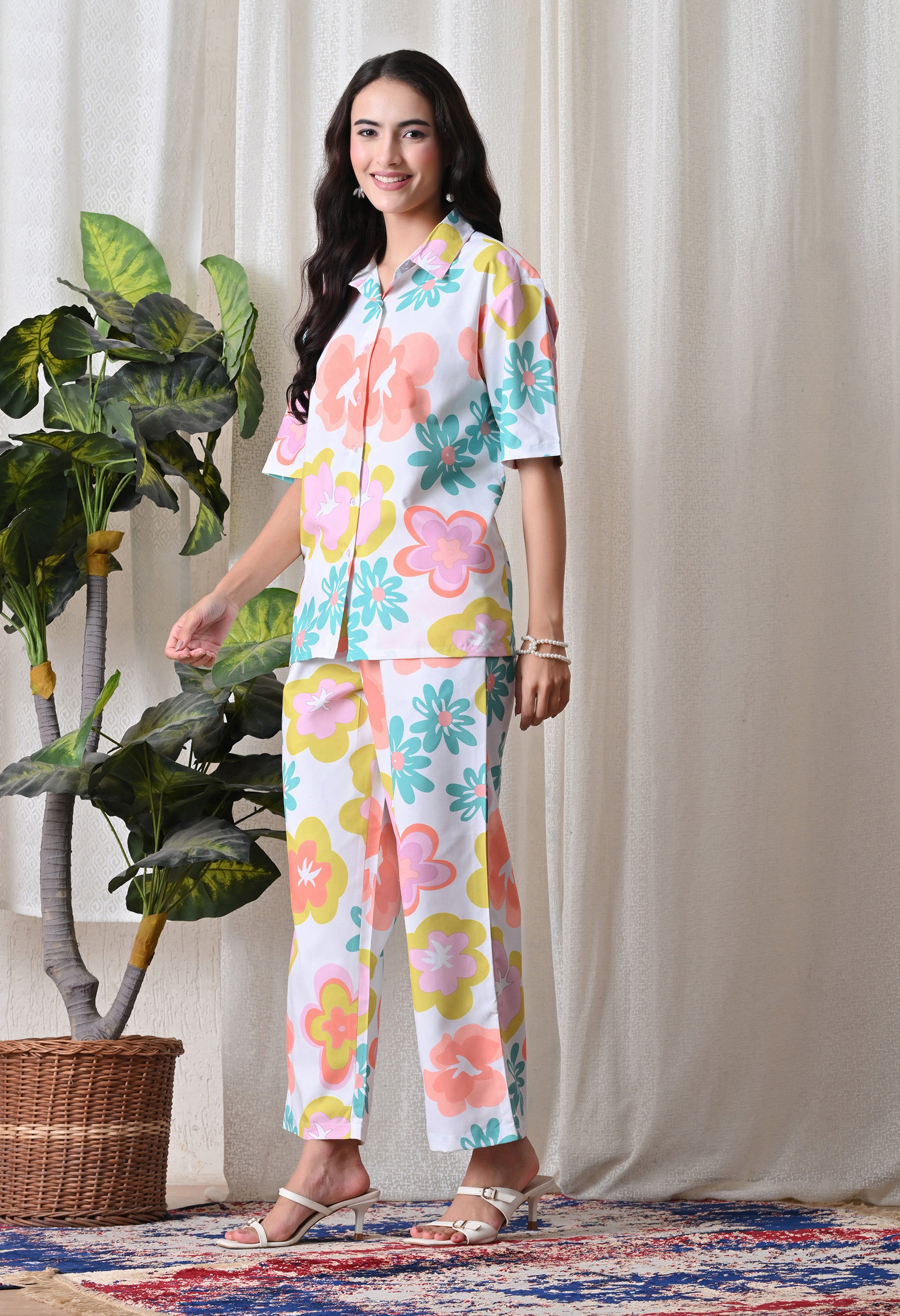 White bold oversized Floral Printed Japanese Blend Cotton Shirt & Pyjama Set by Ameerah