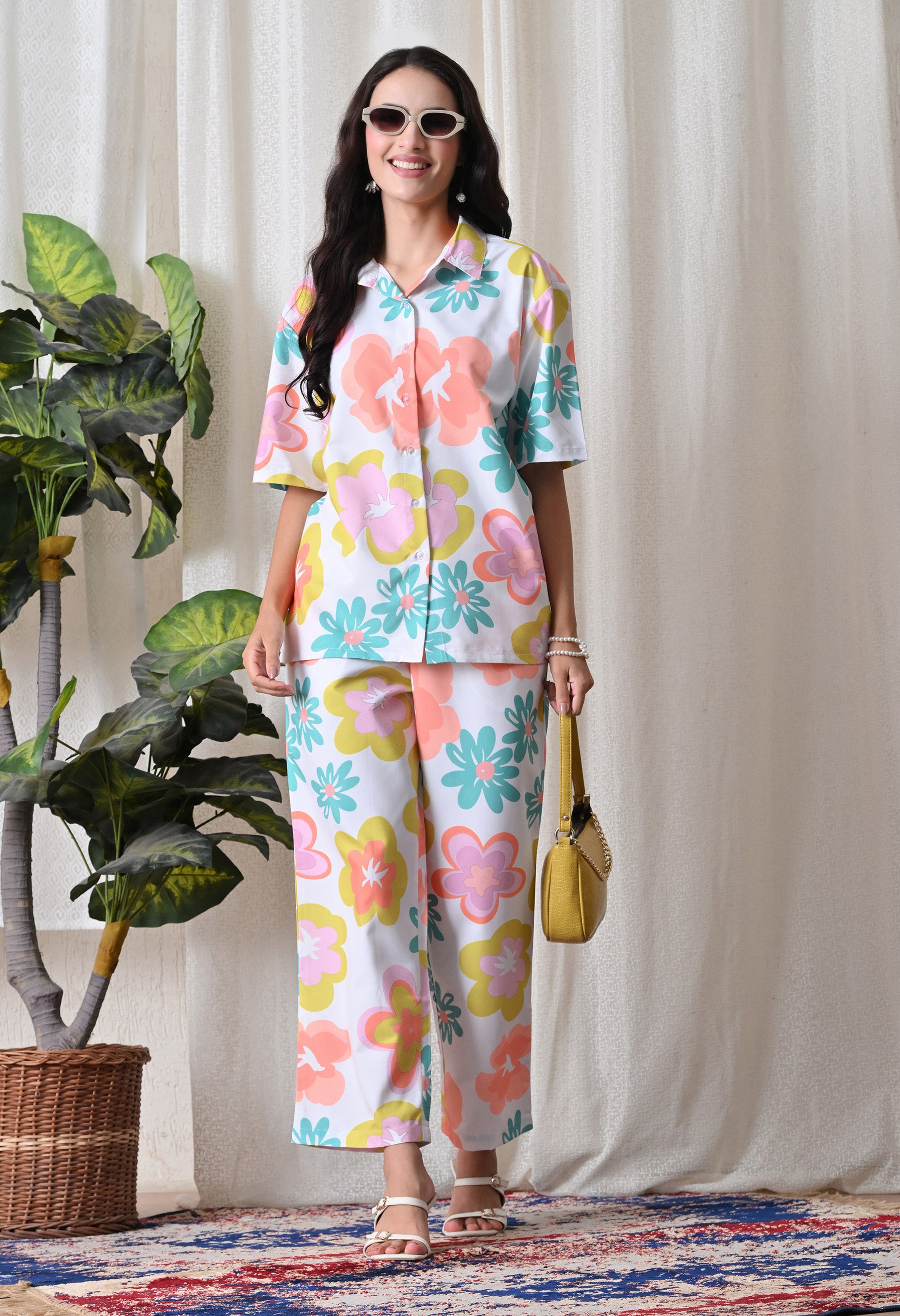 White bold oversized Floral Printed Japanese Blend Cotton Shirt & Pyjama Set by Ameerah