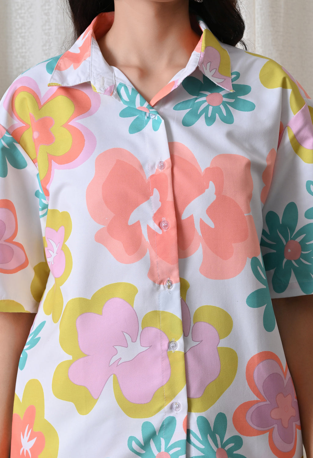 White bold oversized Floral Printed Japanese Blend Cotton Shirt & Pyjama Set by Ameerah