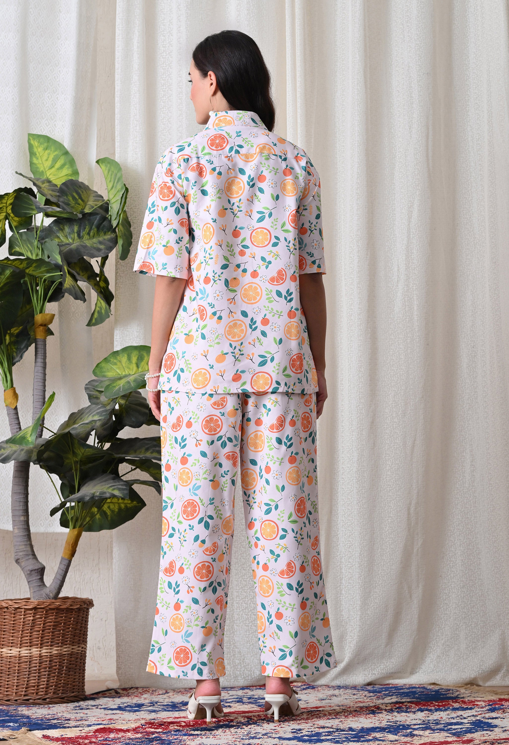 Lilac Citrus Fruit Printed Japanese Blend Cotton Shirt & Pyjama Set by Ameerah