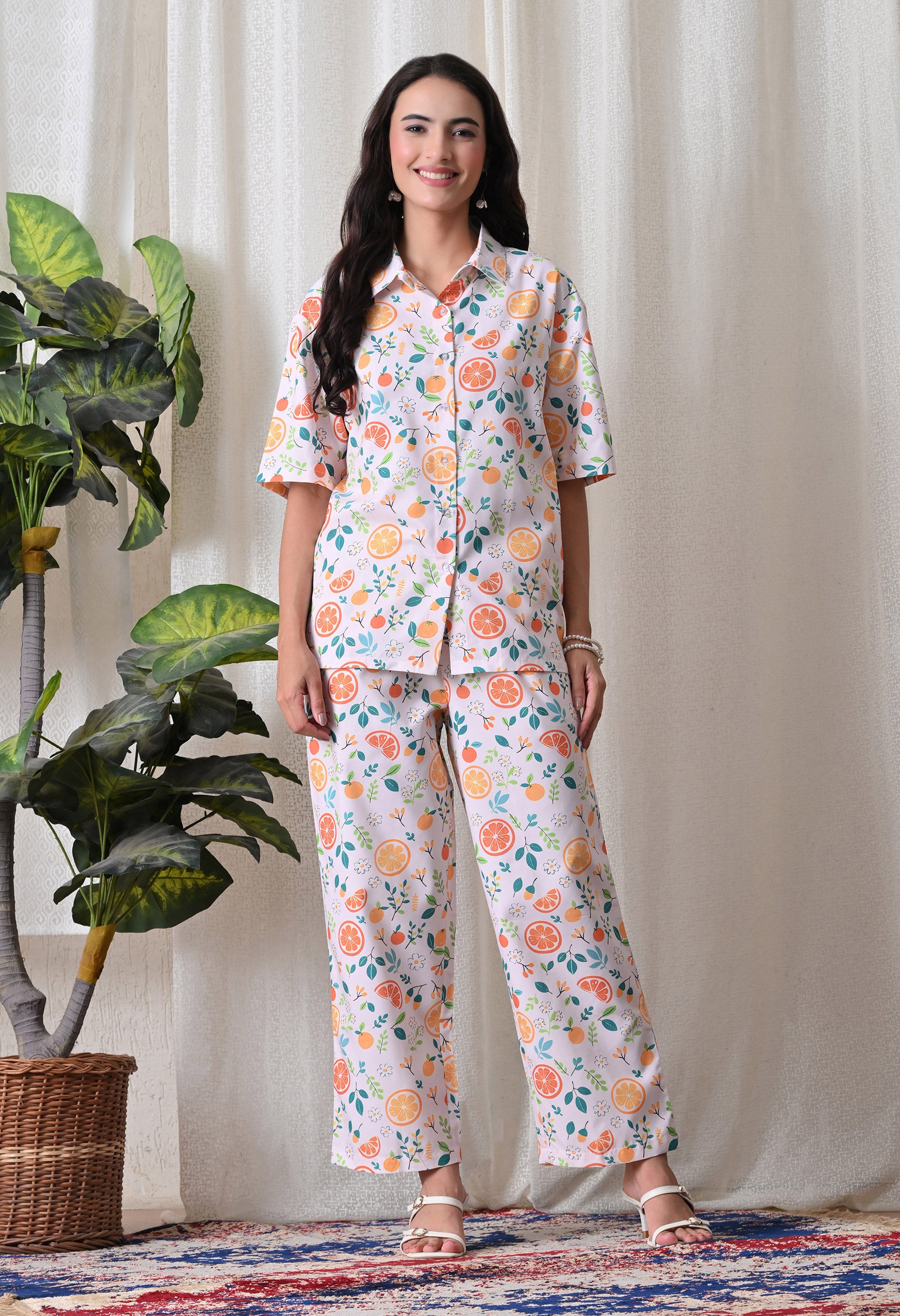 Lilac Citrus Fruit Printed Japanese Blend Cotton Shirt & Pyjama Set by Ameerah