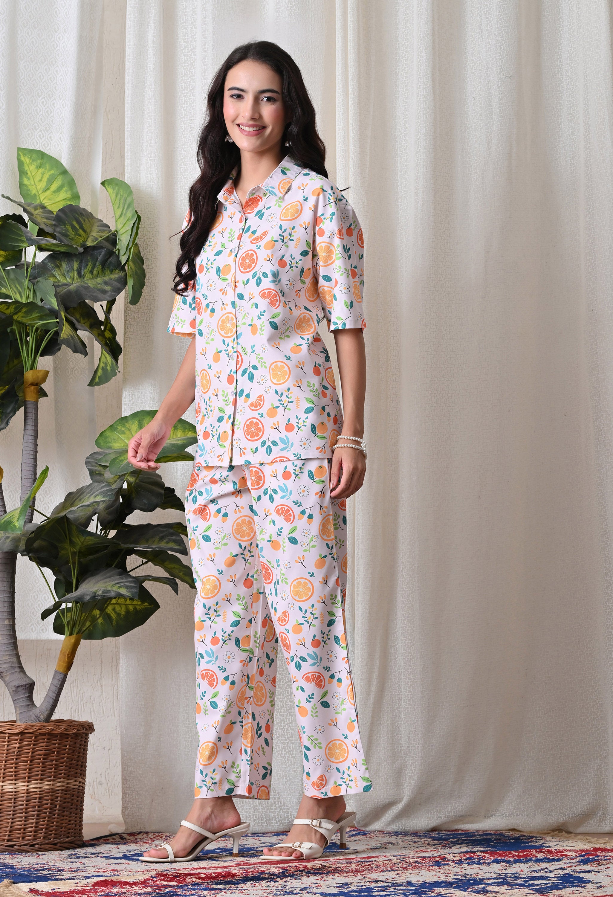 Lilac Citrus Fruit Printed Japanese Blend Cotton Shirt & Pyjama Set by Ameerah