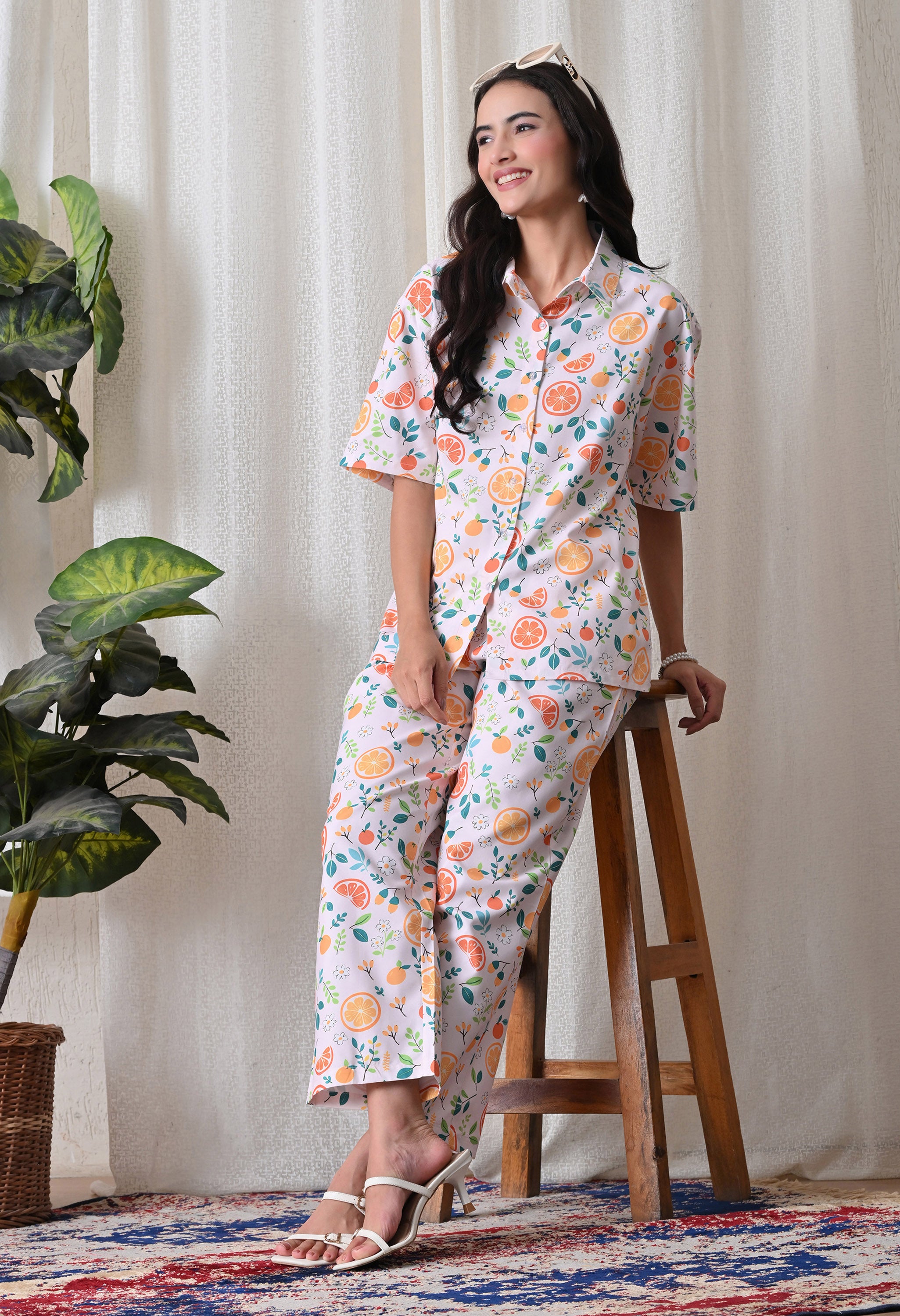 Lilac Citrus Fruit Printed Japanese Blend Cotton Shirt & Pyjama Set by Ameerah