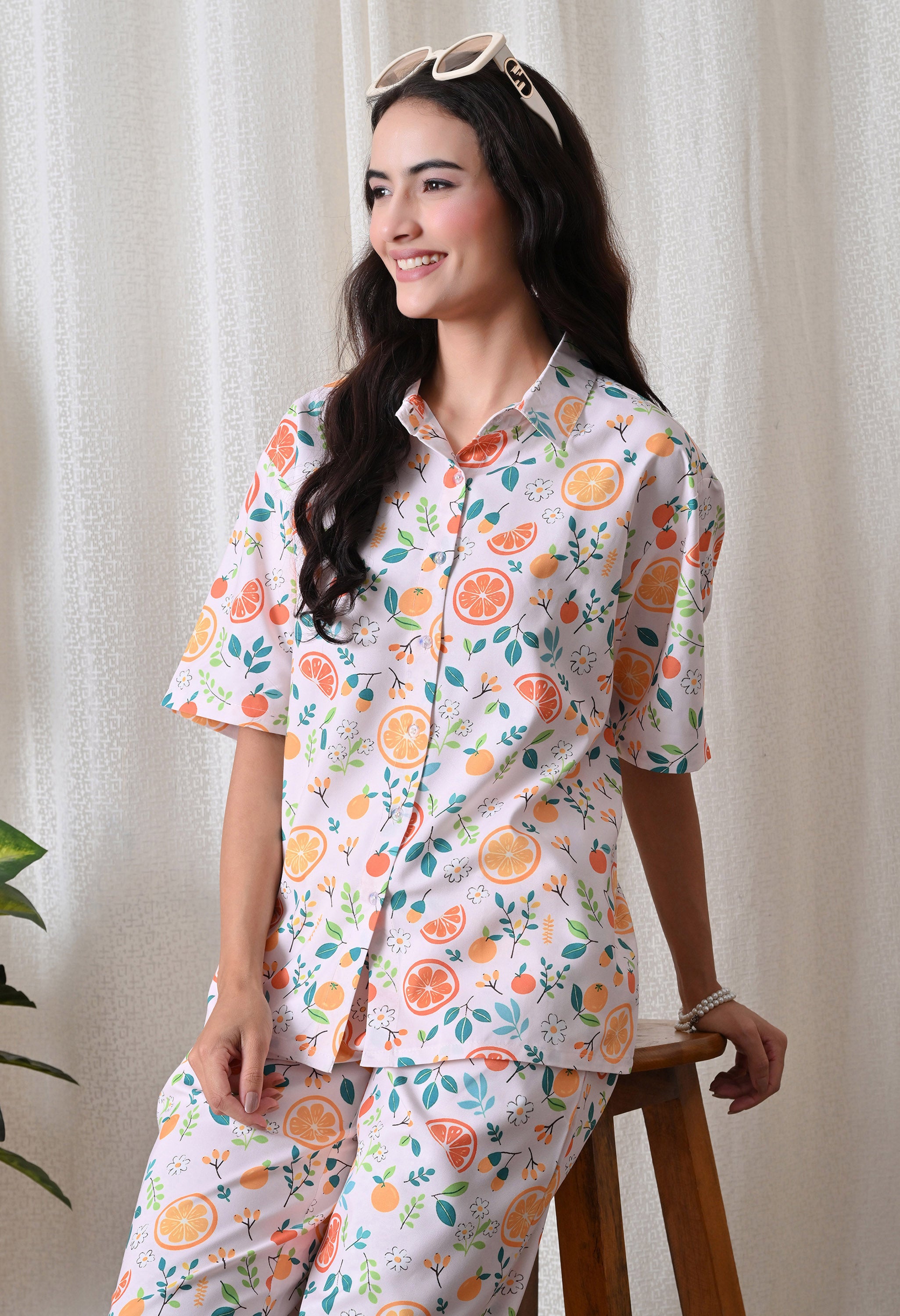 Lilac Citrus Fruit Printed Japanese Blend Cotton Shirt & Pyjama Set by Ameerah