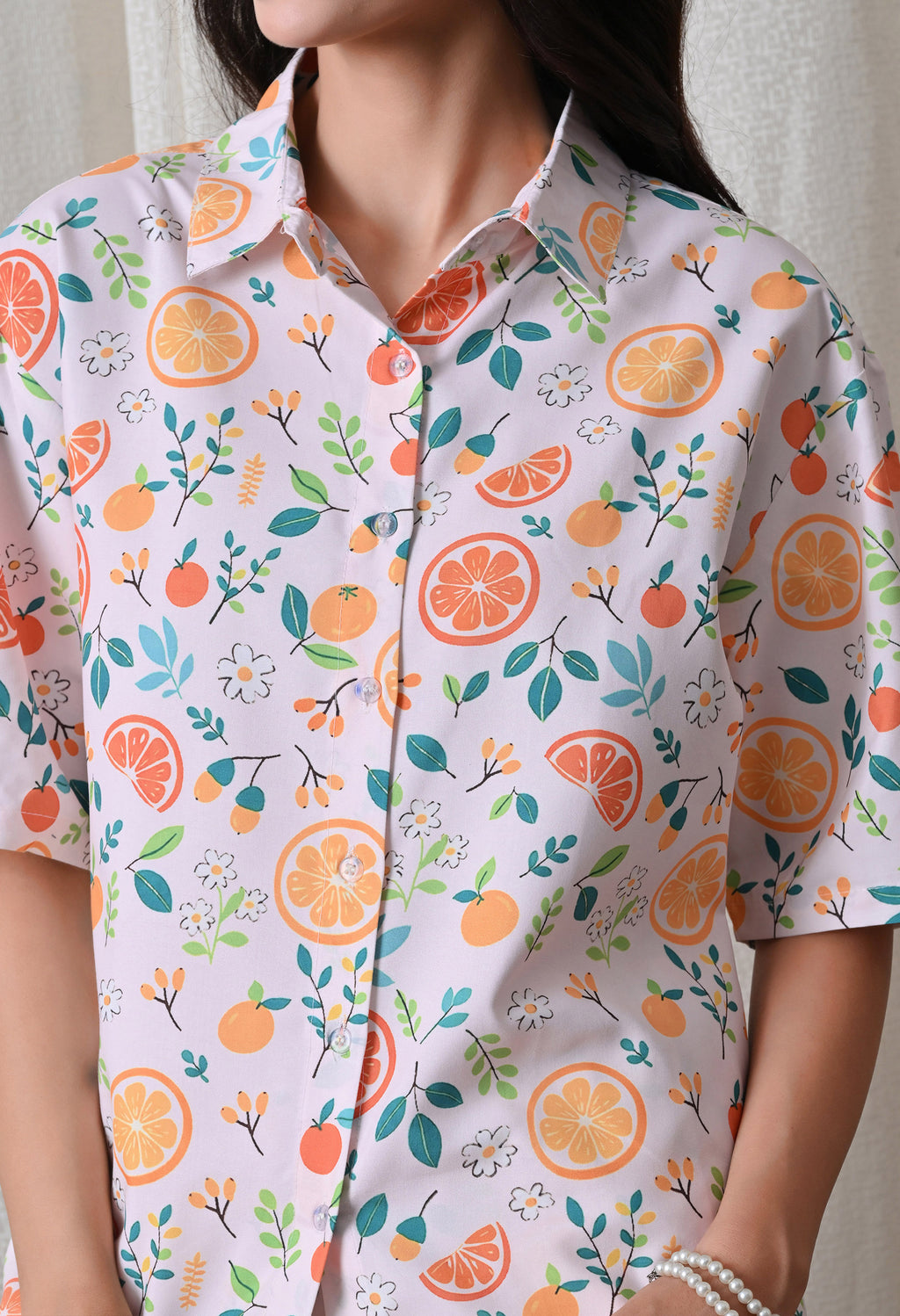 Lilac Citrus Fruit Printed Japanese Blend Cotton Shirt & Pyjama Set by Ameerah
