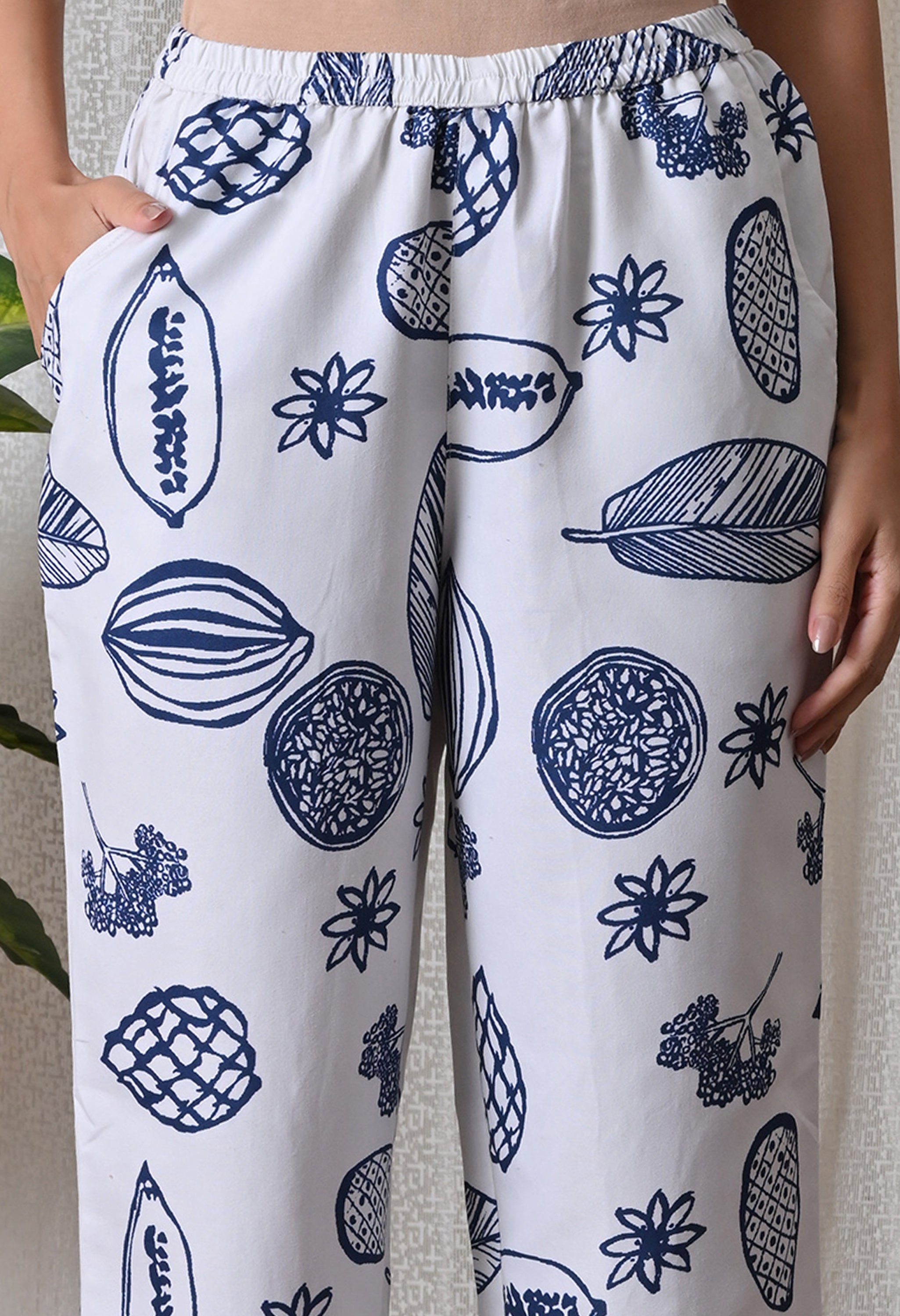 Indigo Abstract and botanical motifs Printed Japanese Blend Cotton Shirt & Pyjama Set by Ameerah