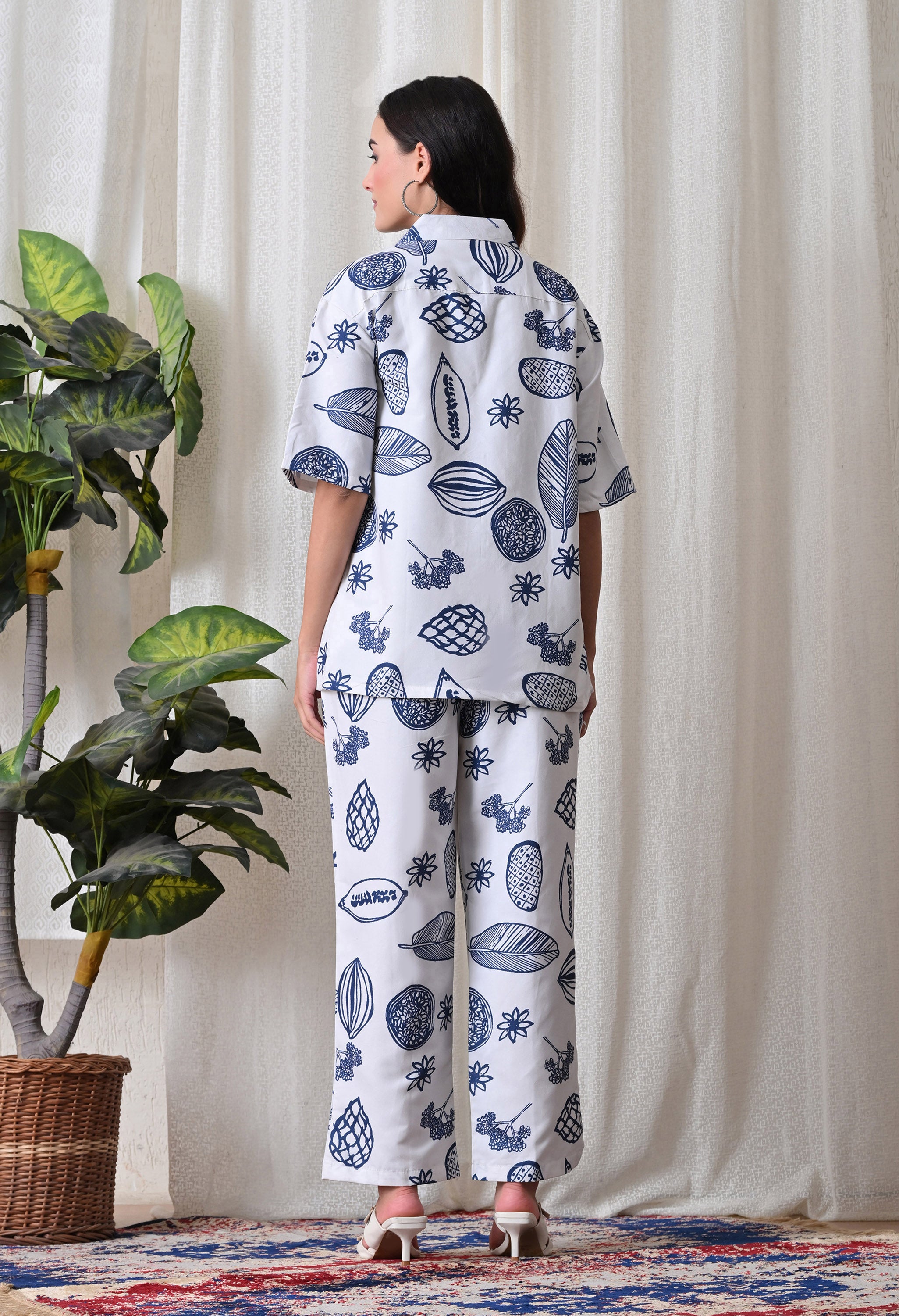 Indigo Abstract and botanical motifs Printed Japanese Blend Cotton Shirt & Pyjama Set by Ameerah