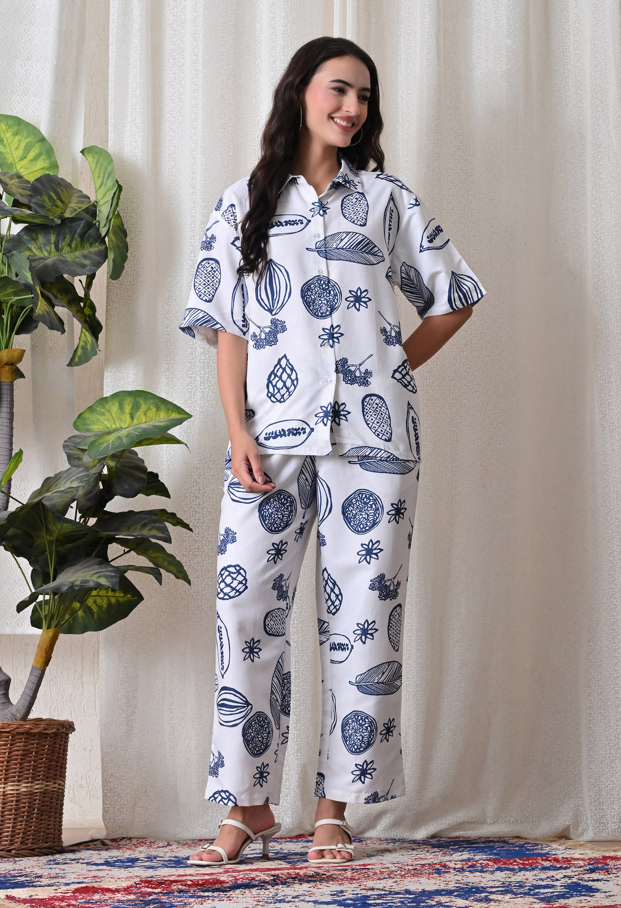 Indigo Abstract and botanical motifs Printed Japanese Blend Cotton Shirt & Pyjama Set by Ameerah