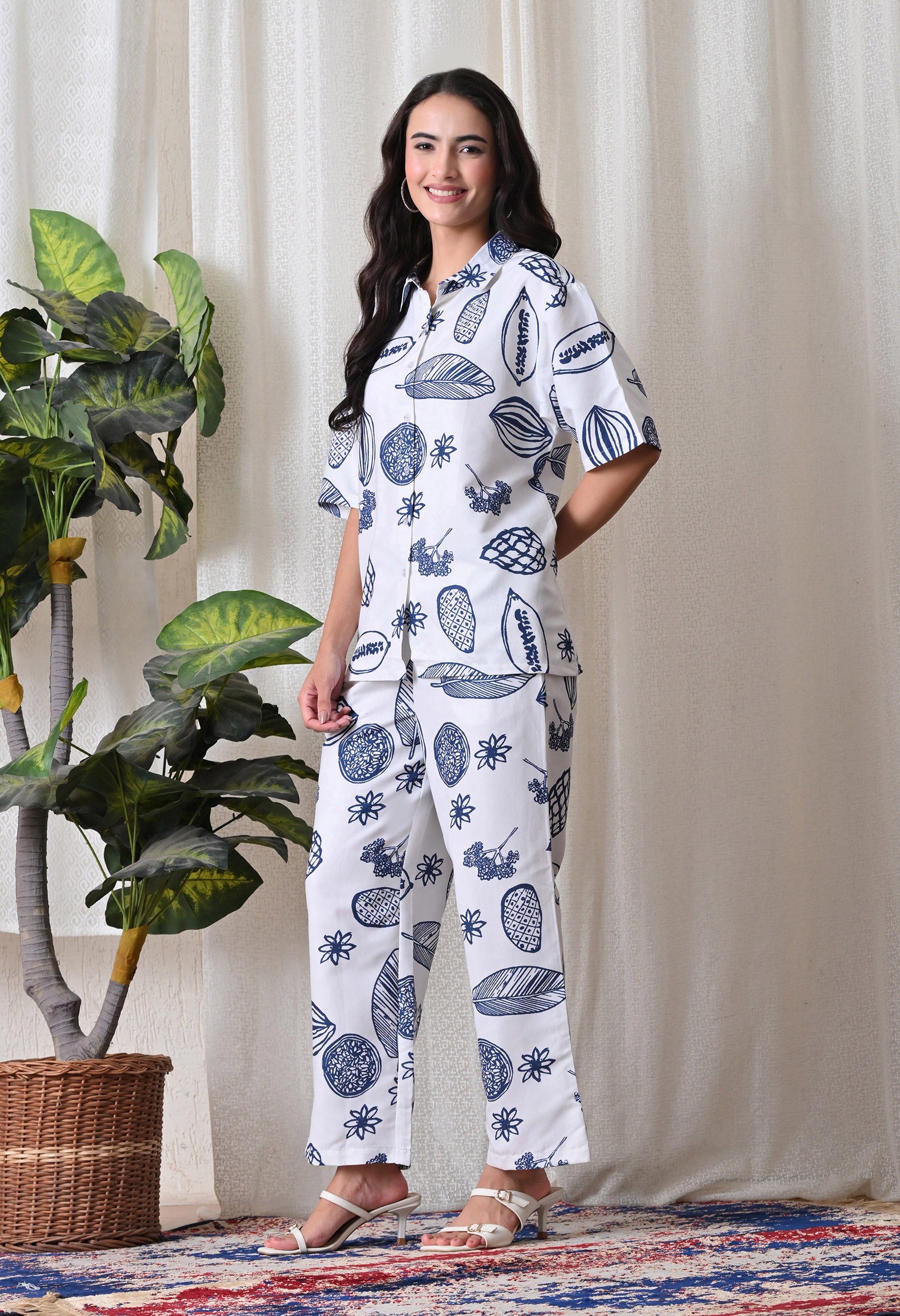 Indigo Abstract and botanical motifs Printed Japanese Blend Cotton Shirt & Pyjama Set by Ameerah