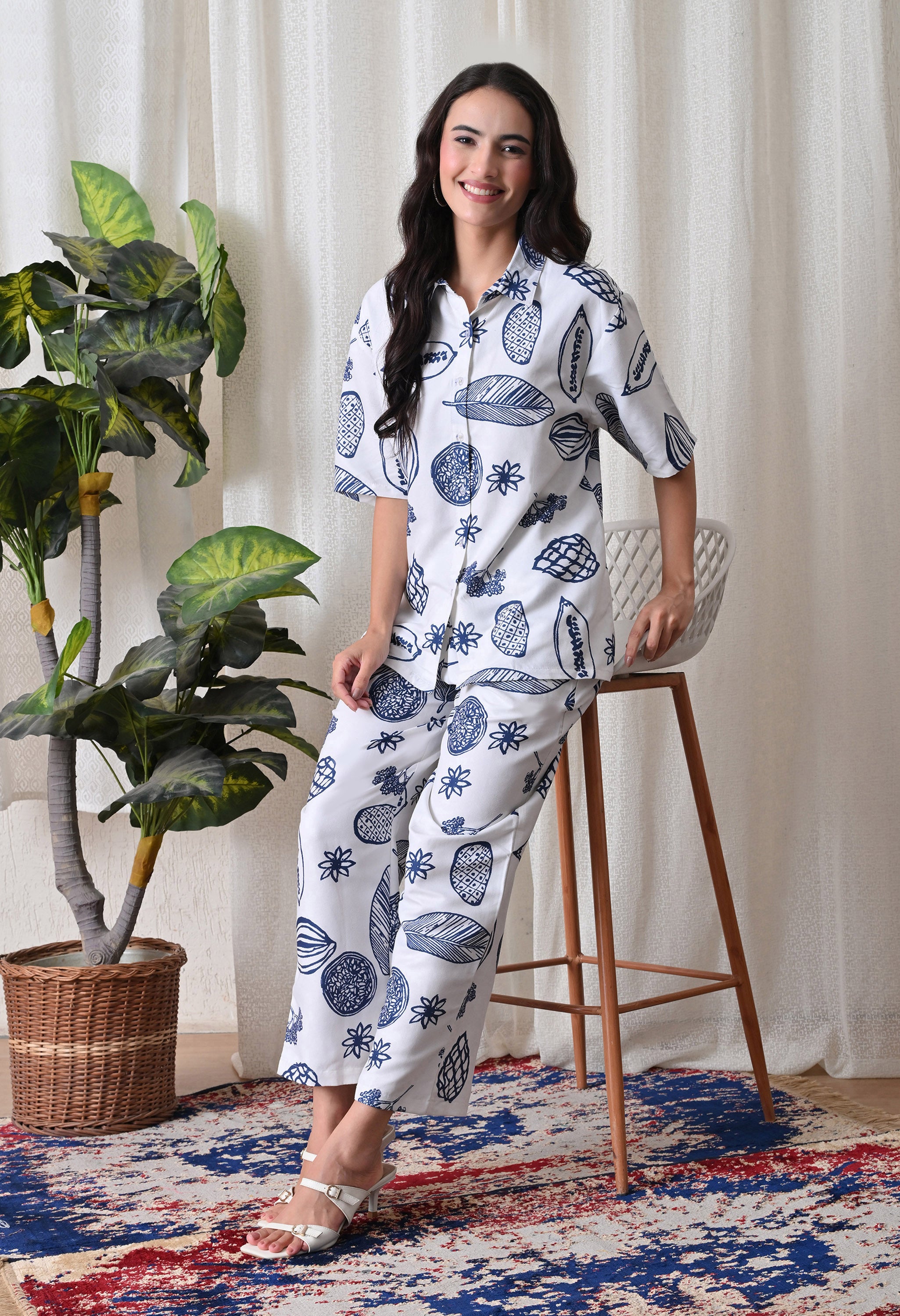Indigo Abstract and botanical motifs Printed Japanese Blend Cotton Shirt & Pyjama Set by Ameerah