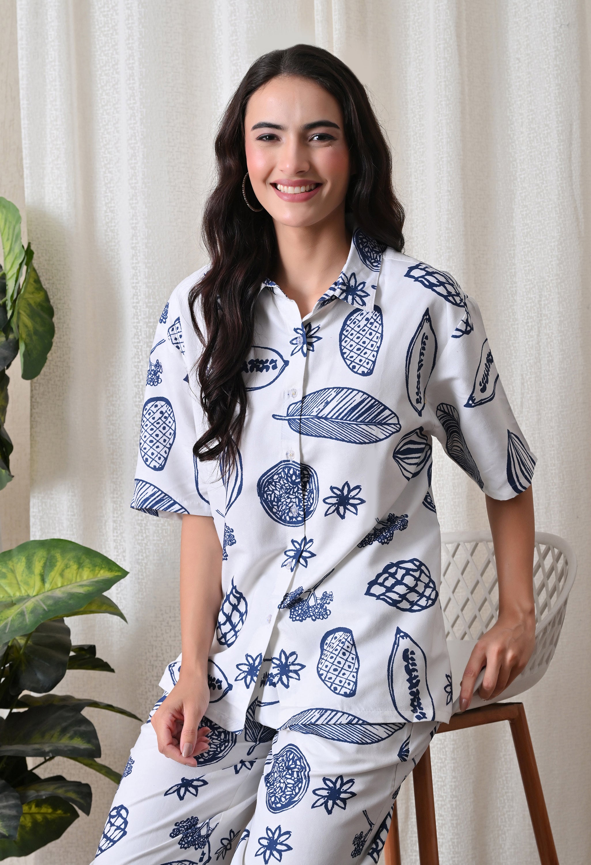 Indigo Abstract and botanical motifs Printed Japanese Blend Cotton Shirt & Pyjama Set by Ameerah