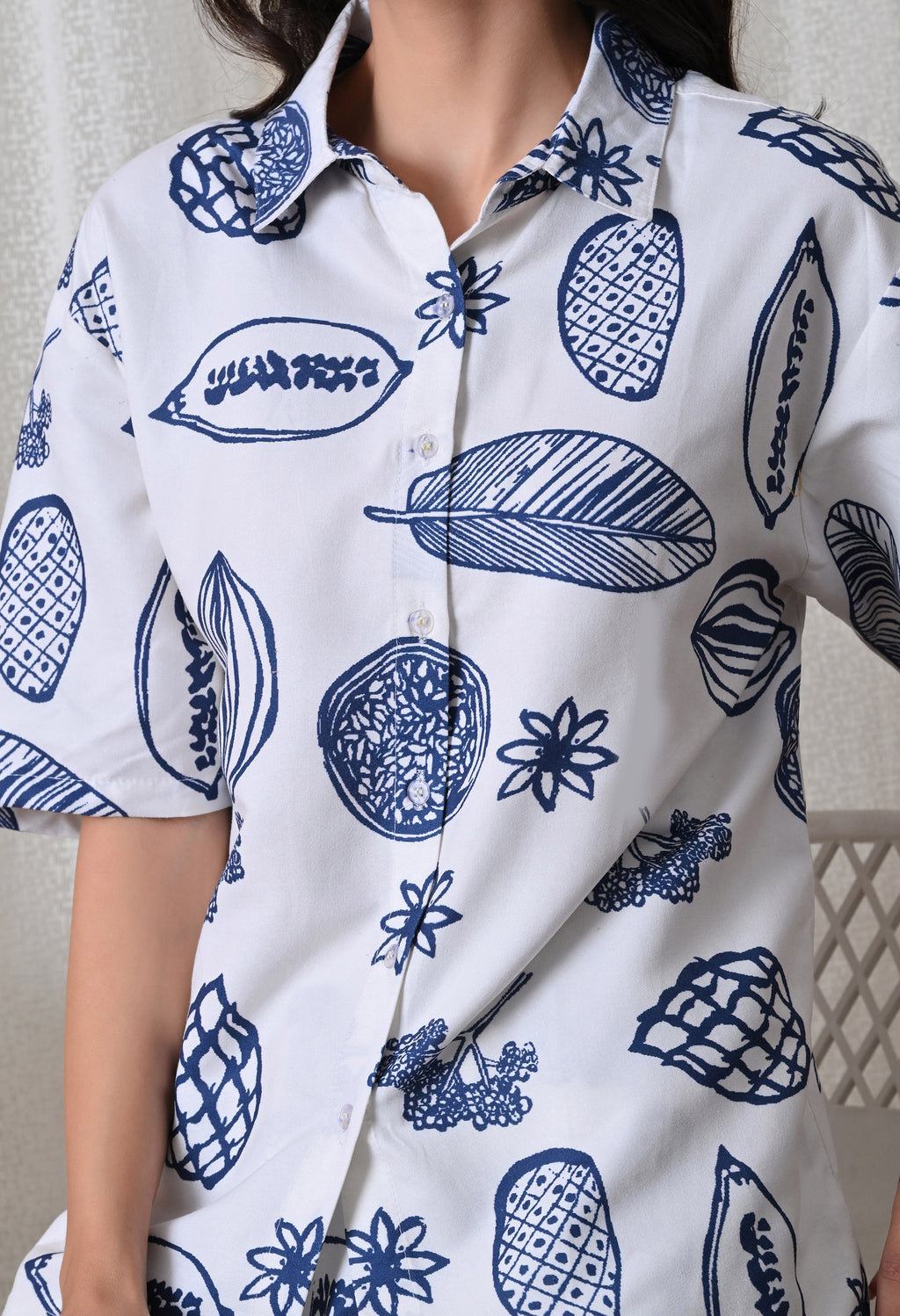 Indigo Abstract and botanical motifs Printed Japanese Blend Cotton Shirt & Pyjama Set by Ameerah