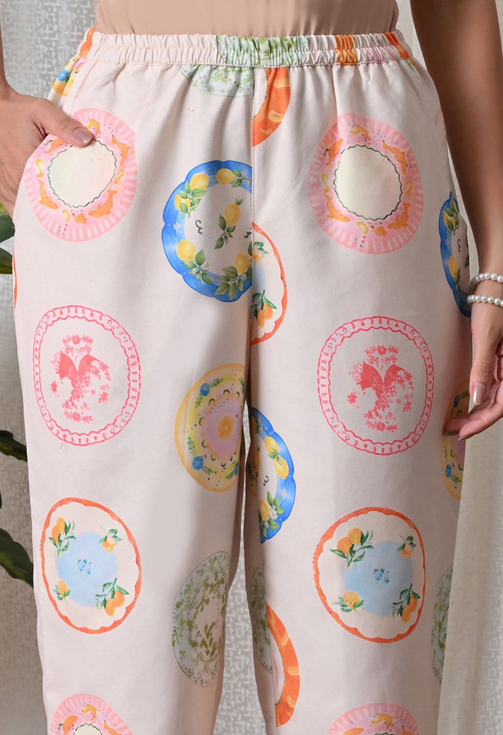 Cream Plate Motif Printed Japanese Blend Cotton Shirt & Pyjama Set by Ameerah