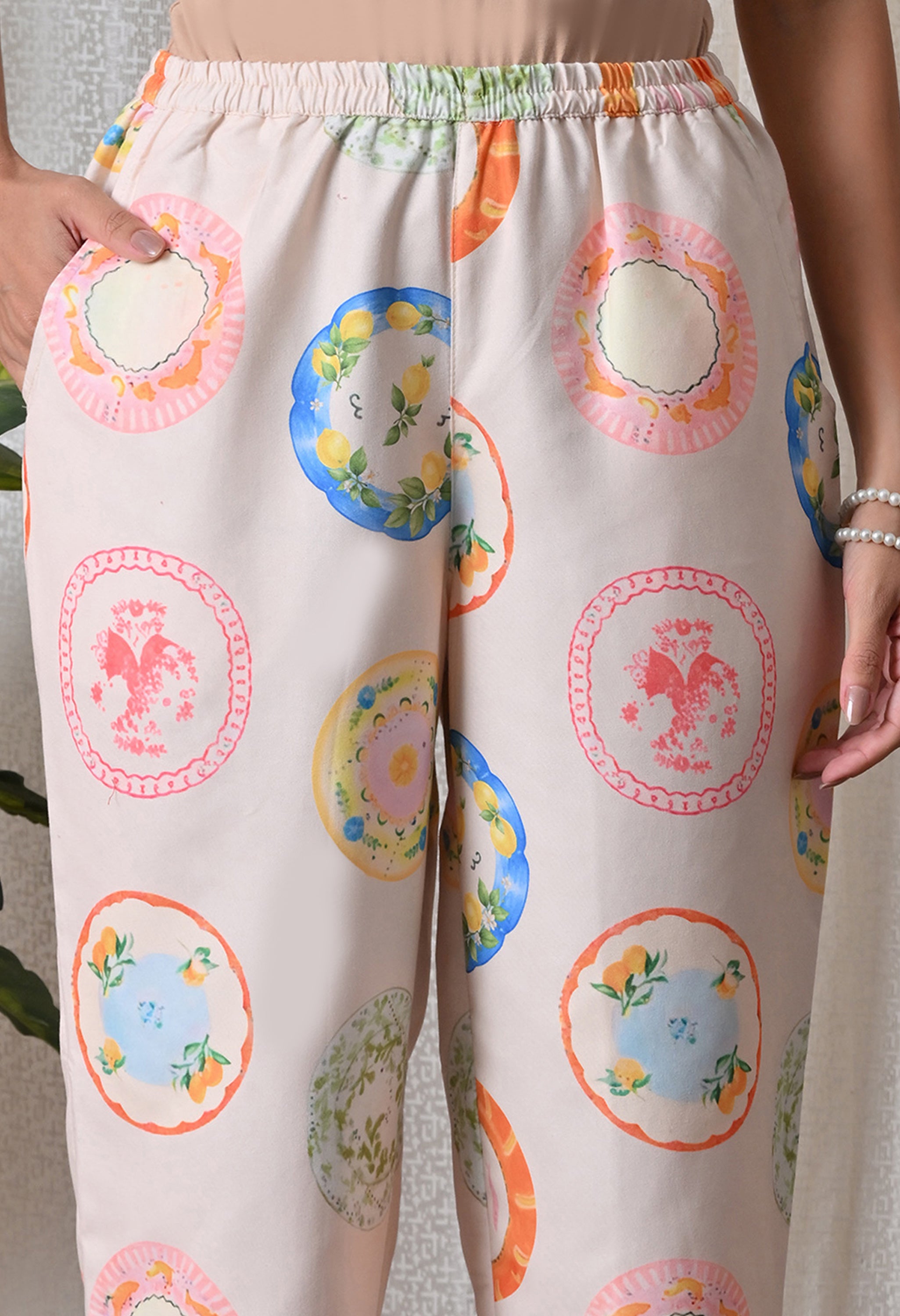 Cream Plate Motif Printed Japanese Blend Cotton Shirt & Pyjama Set by Ameerah