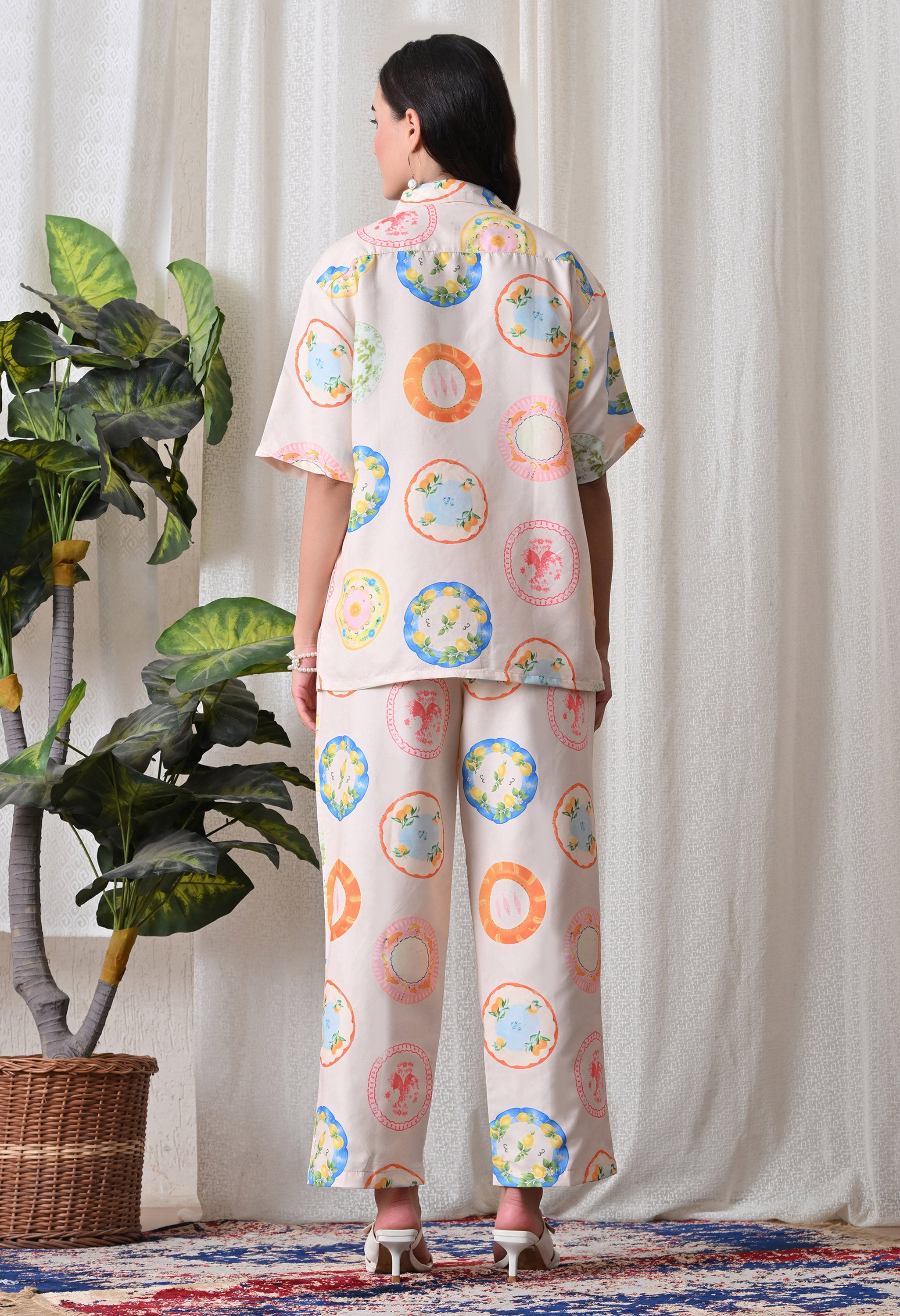 Cream Plate Motif Printed Japanese Blend Cotton Shirt & Pyjama Set by Ameerah
