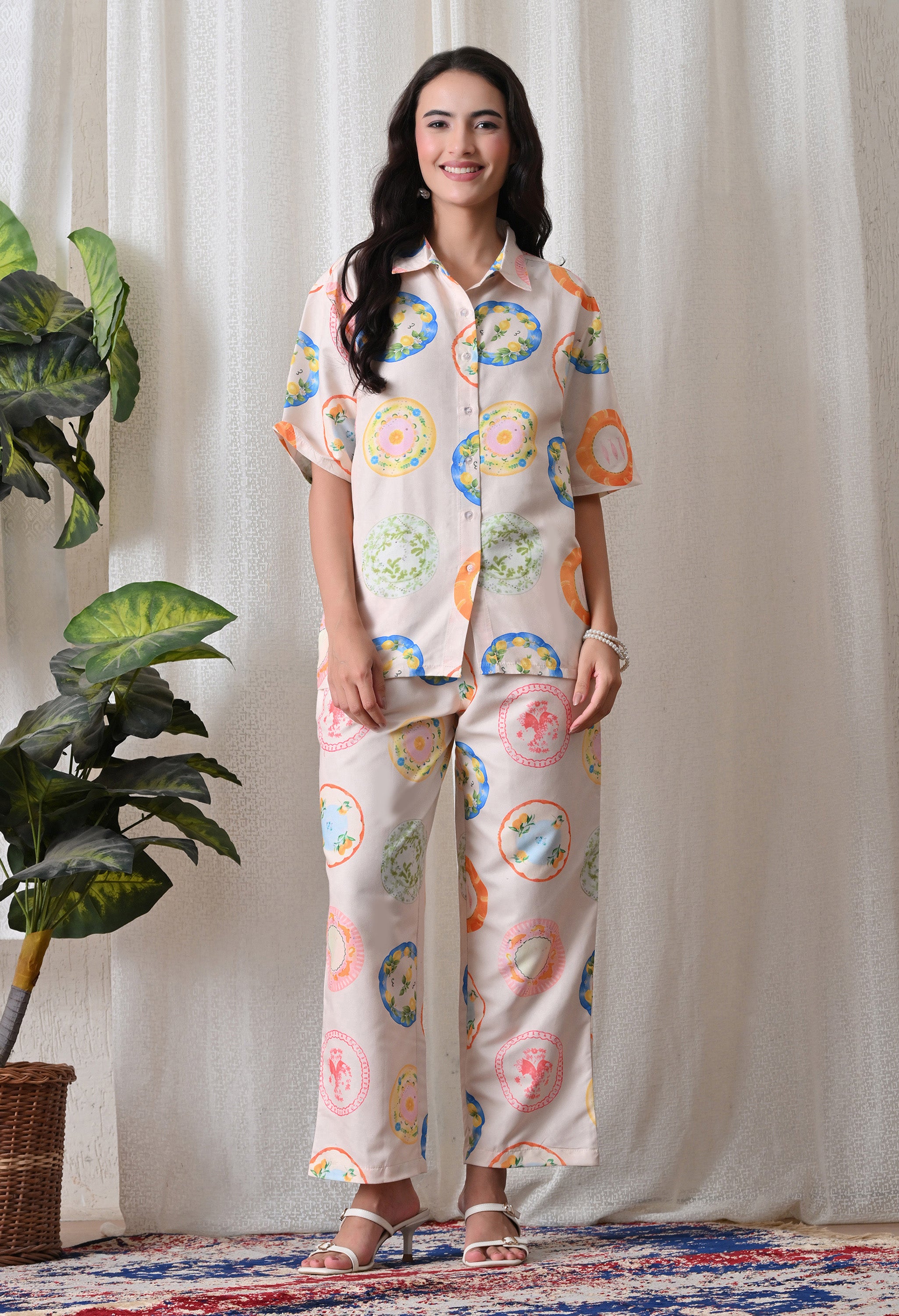 Cream Plate Motif Printed Japanese Blend Cotton Shirt & Pyjama Set by Ameerah