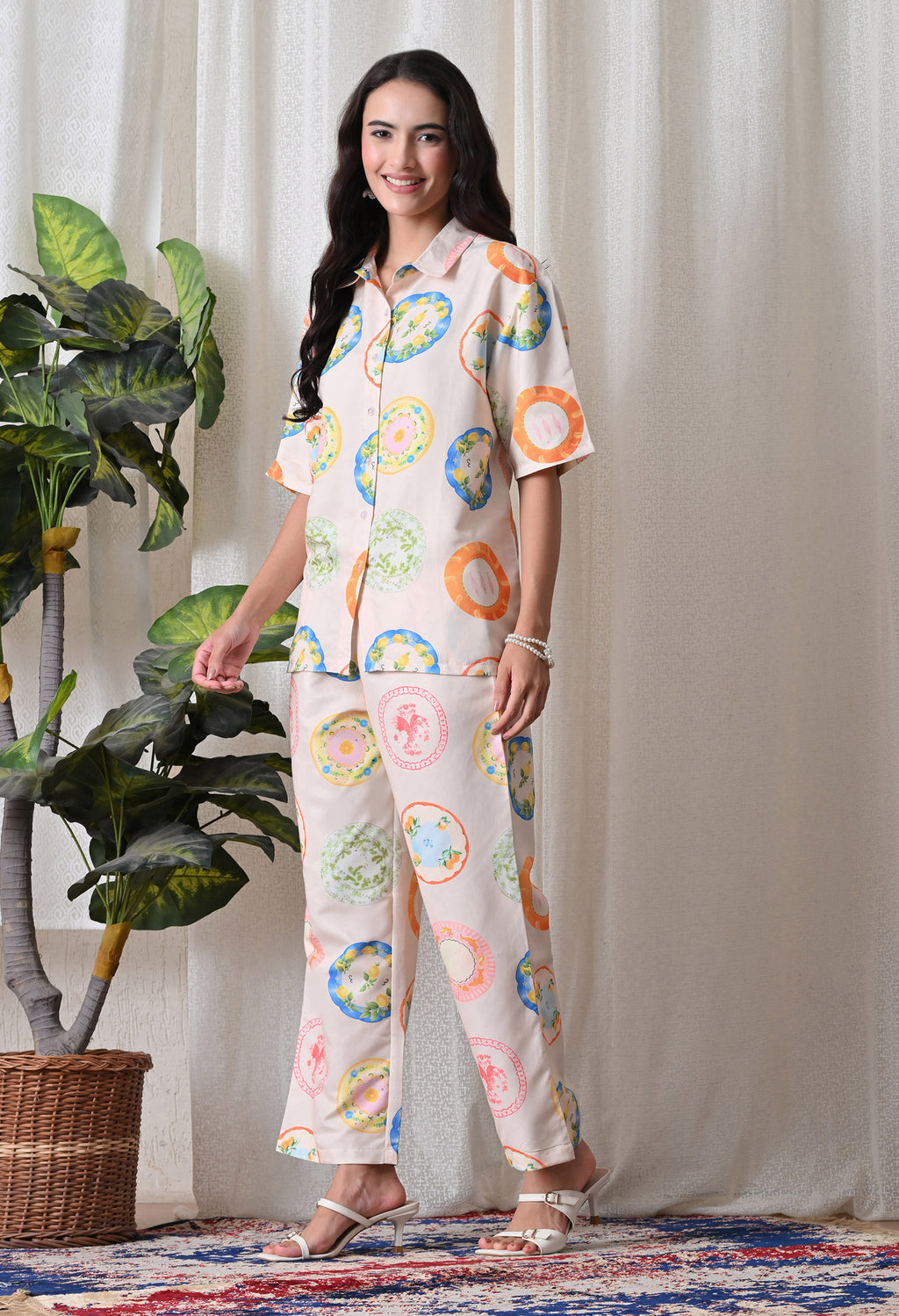 Cream Plate Motif Printed Japanese Blend Cotton Shirt & Pyjama Set by Ameerah