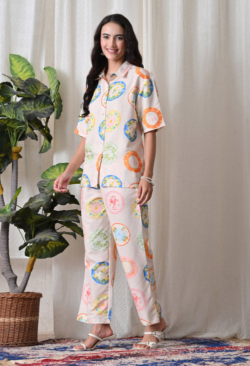 Cream Plate Motif Printed Japanese Blend Cotton Shirt & Pyjama Set by Ameerah
