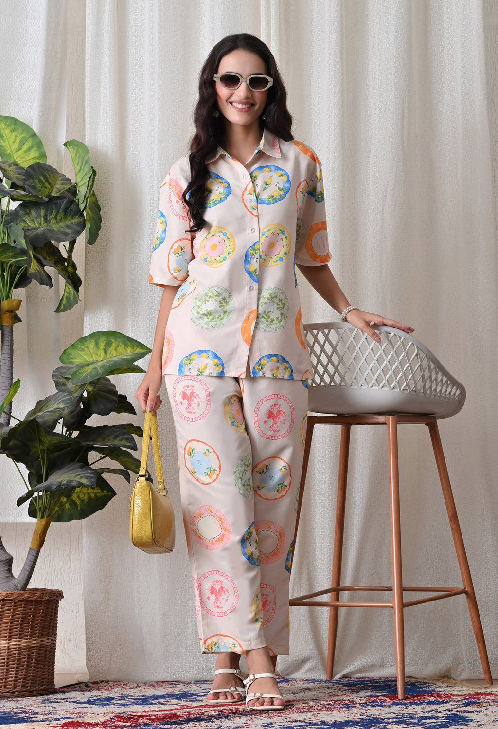 Cream Plate Motif Printed Japanese Blend Cotton Shirt & Pyjama Set by Ameerah