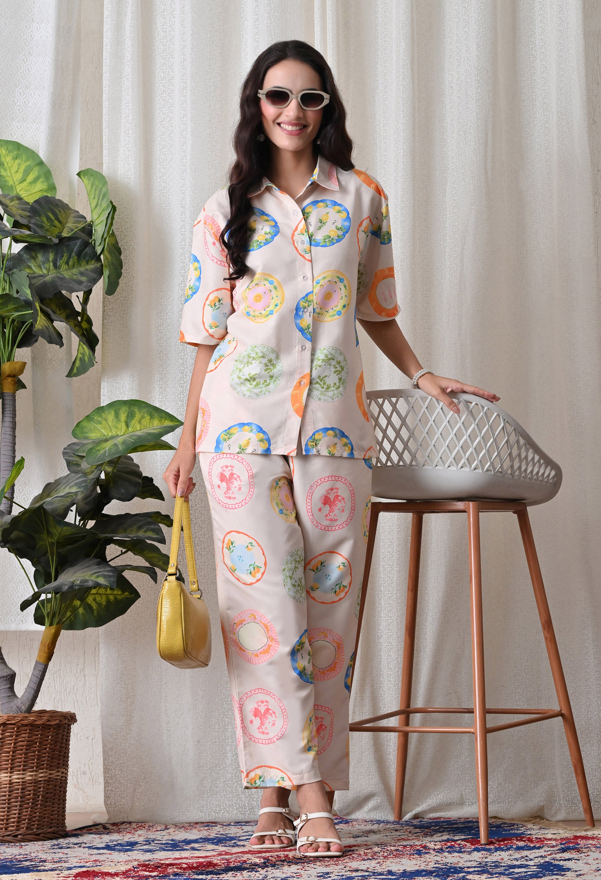 Cream Plate Motif Printed Japanese Blend Cotton Shirt & Pyjama Set by Ameerah