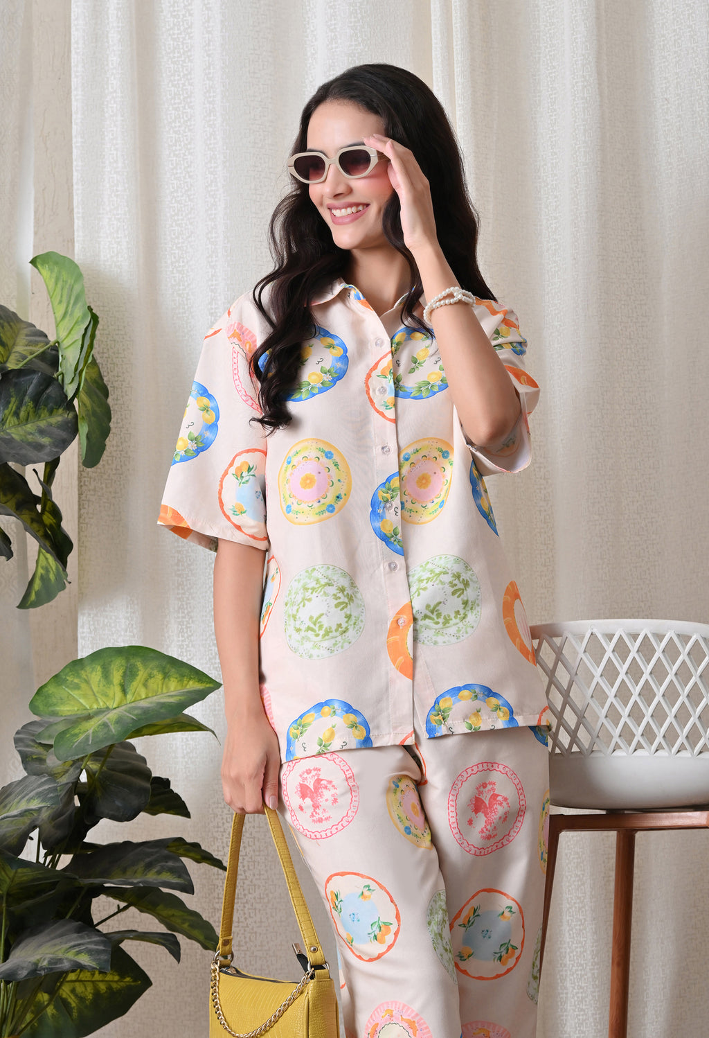 Cream Plate Motif Printed Japanese Blend Cotton Shirt & Pyjama Set by Ameerah