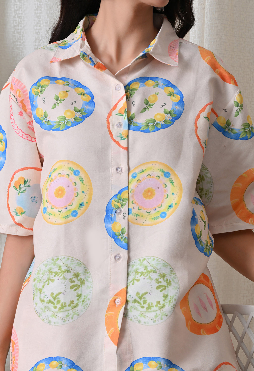 Cream Plate Motif Printed Japanese Blend Cotton Shirt & Pyjama Set by Ameerah