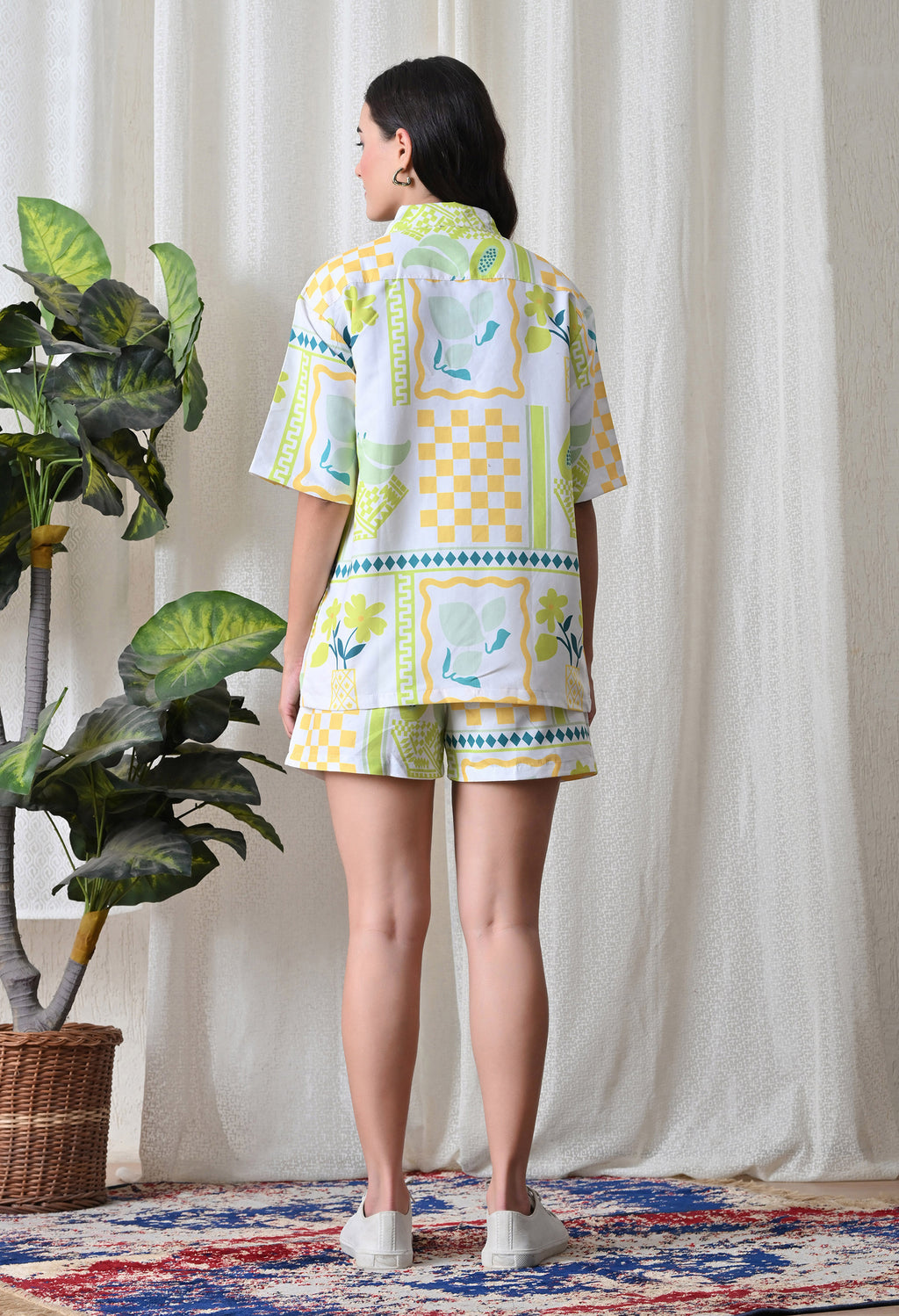 Lime Yellow Geometric Printed Japanese Blend Cotton Shirt & Shorts Set by Ameerah