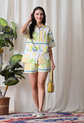 Lime Yellow Geometric Printed Japanese Blend Cotton Shirt & Shorts Set by Ameerah