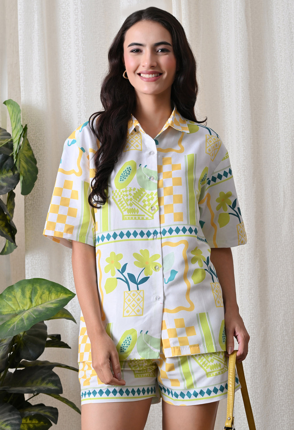 Lime Yellow Geometric Printed Japanese Blend Cotton Shirt & Shorts Set by Ameerah