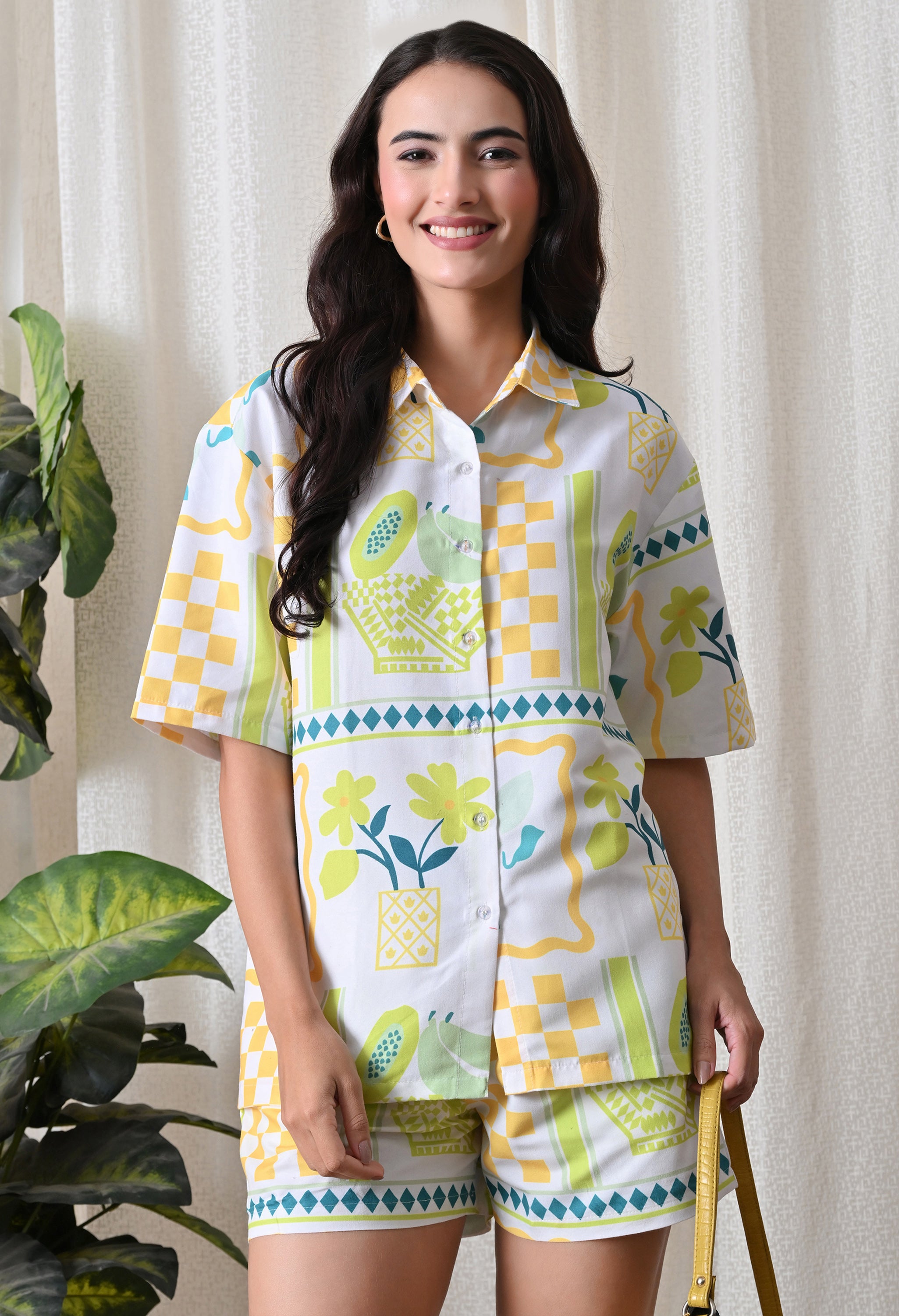 Lime Yellow Geometric Printed Japanese Blend Cotton Shirt & Shorts Set by Ameerah