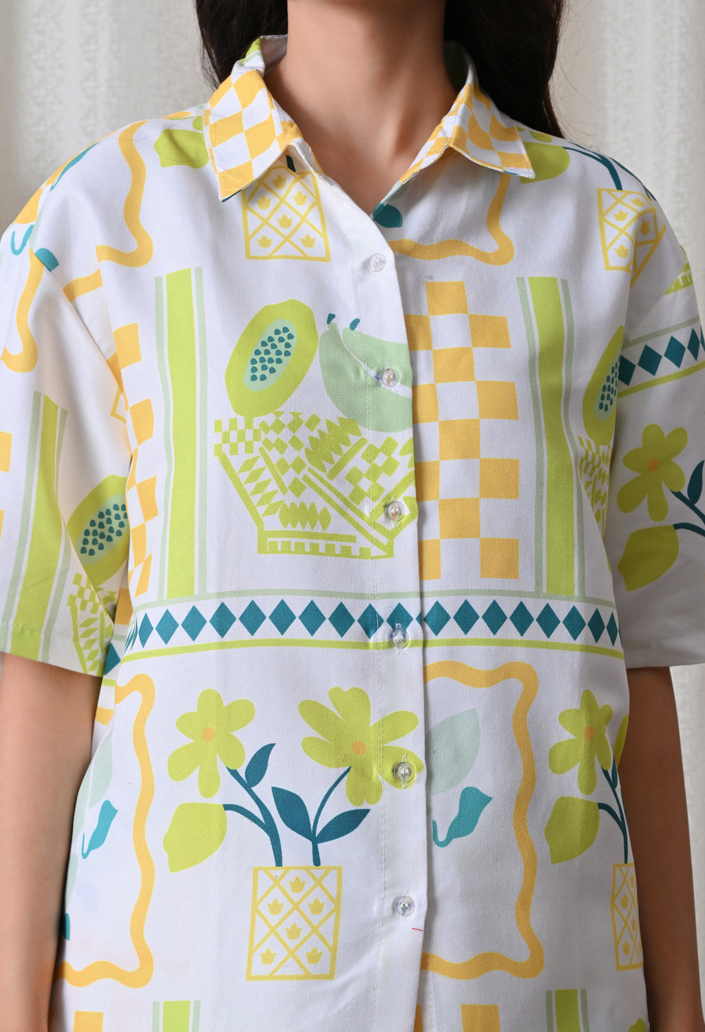 Lime Yellow Geometric Printed Japanese Blend Cotton Shirt & Shorts Set by Ameerah