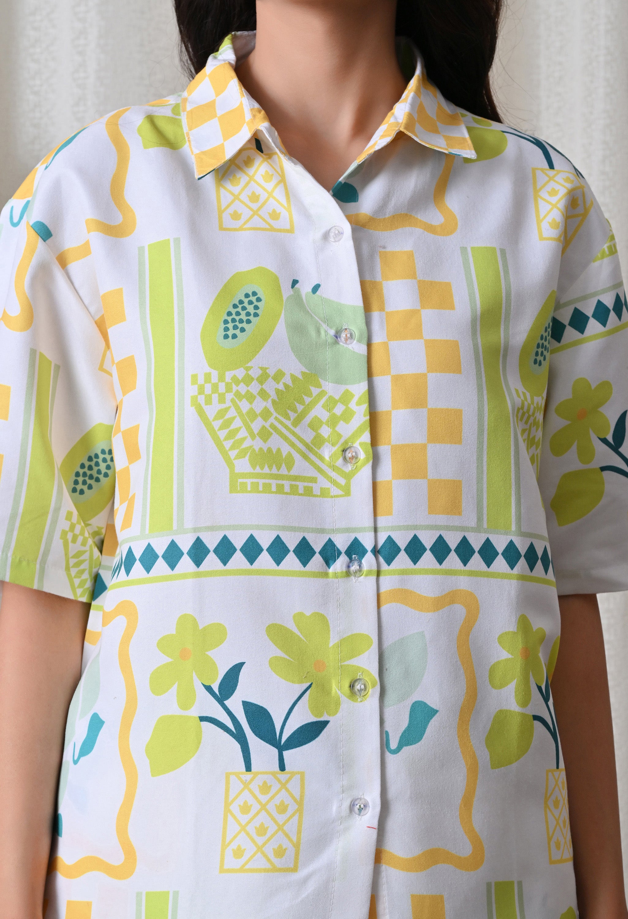 Lime Yellow Geometric Printed Japanese Blend Cotton Shirt & Shorts Set by Ameerah