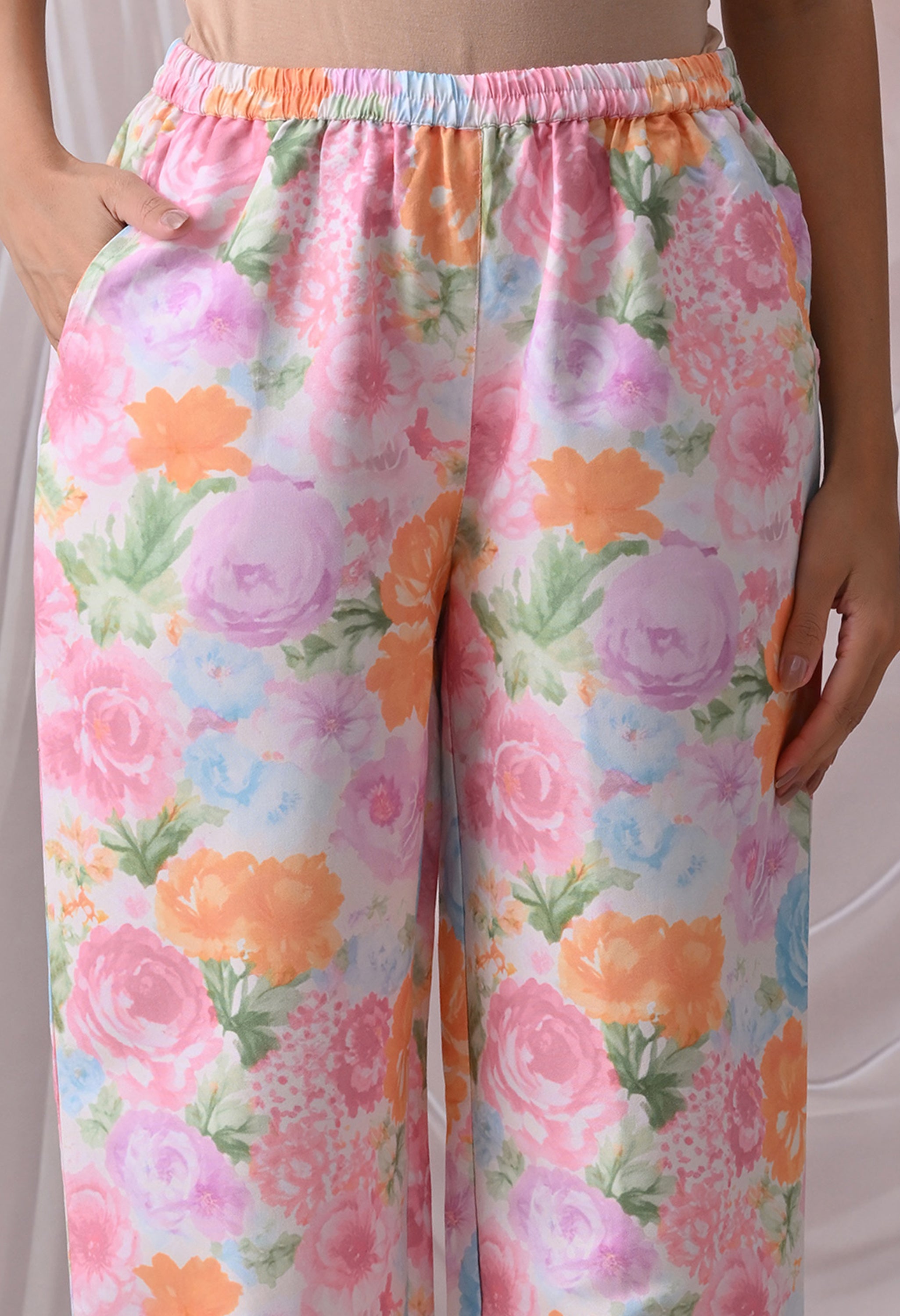 Powder Pink Floral Printed Japanese Blend Cotton Shirt & Pyjama Set by Ameerah