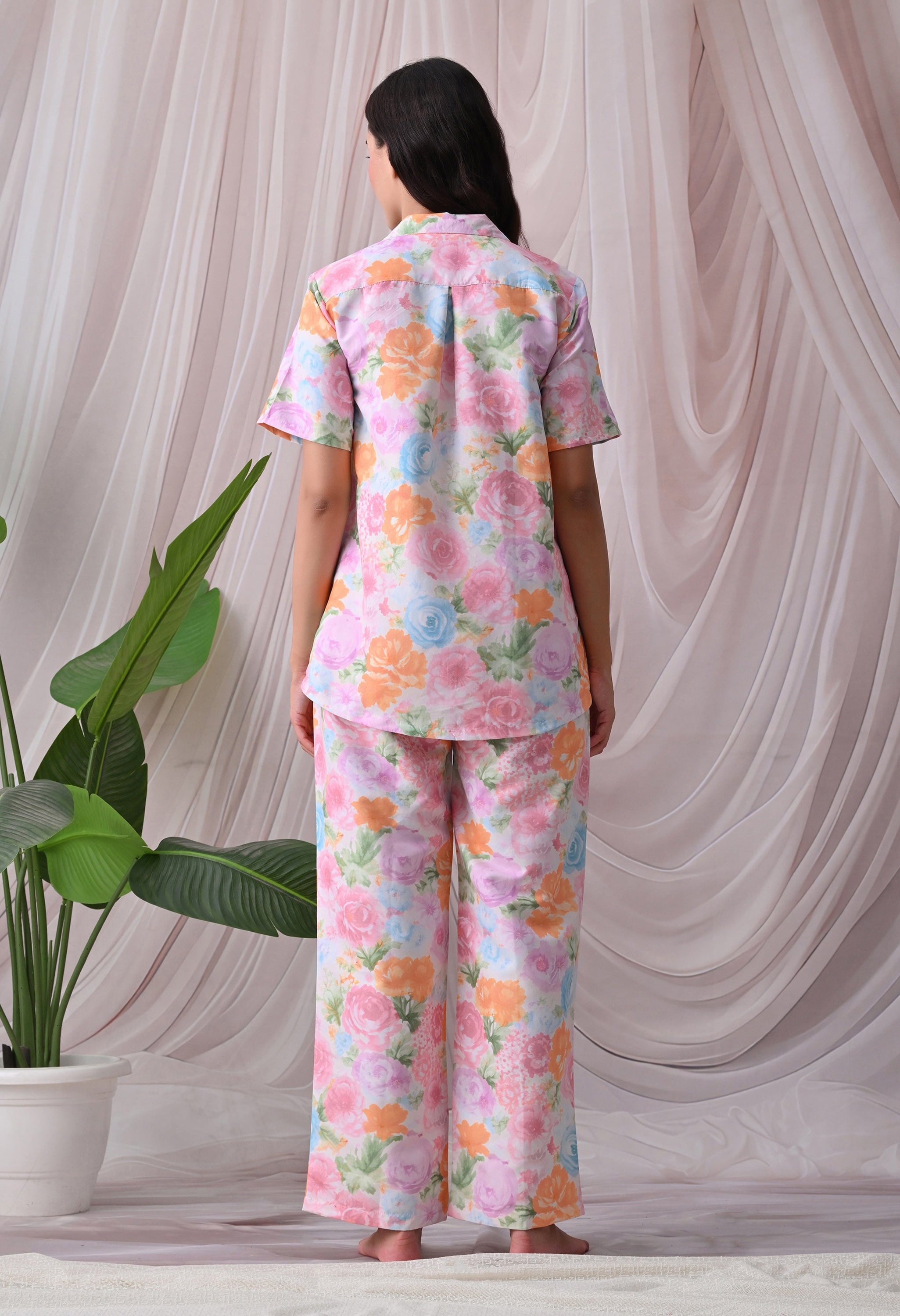 Powder Pink Floral Printed Japanese Blend Cotton Shirt & Pyjama Set by Ameerah