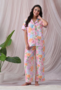 Powder Pink Floral Printed Japanese Blend Cotton Shirt & Pyjama Set by Ameerah