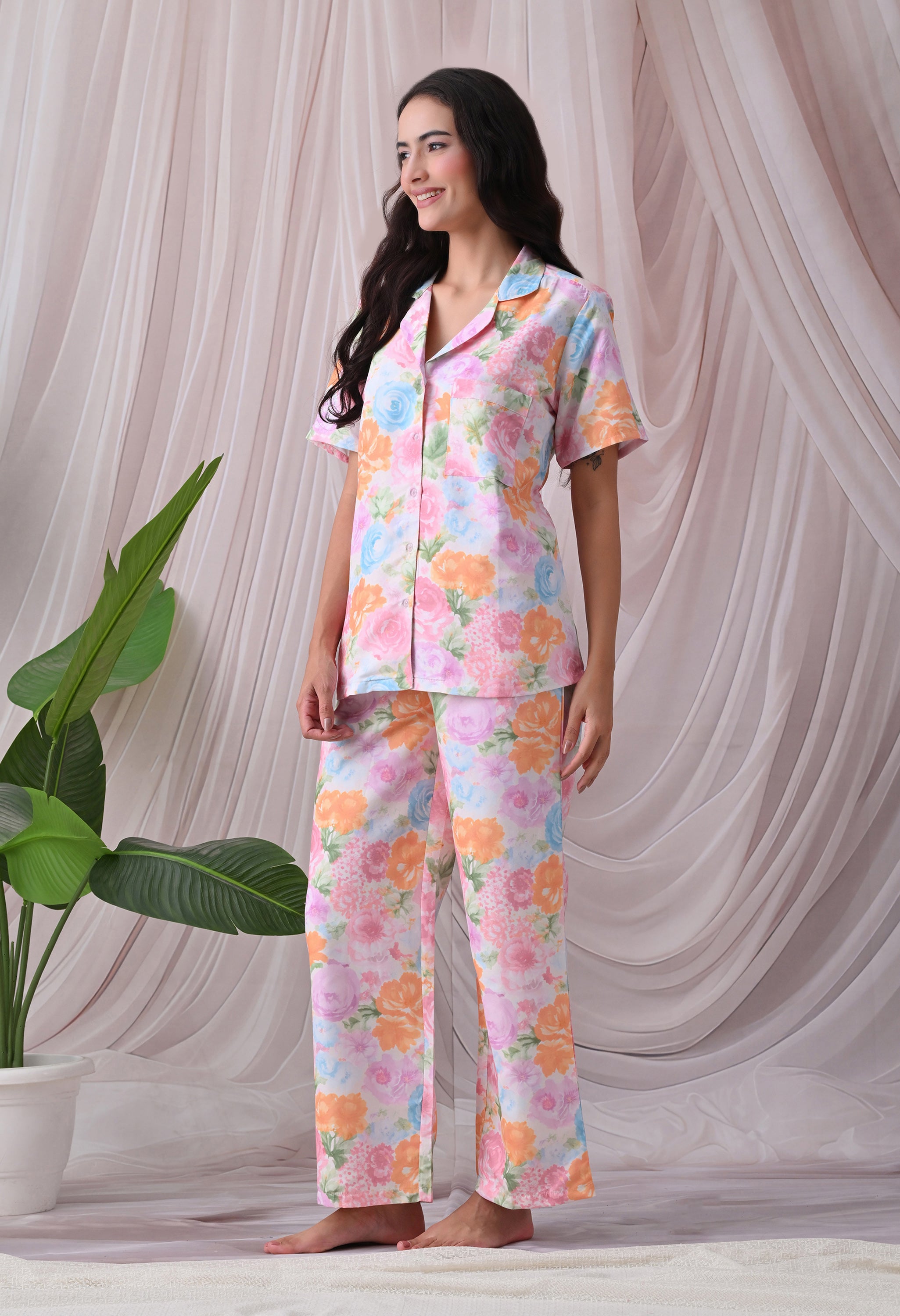 Powder Pink Floral Printed Japanese Blend Cotton Shirt & Pyjama Set by Ameerah