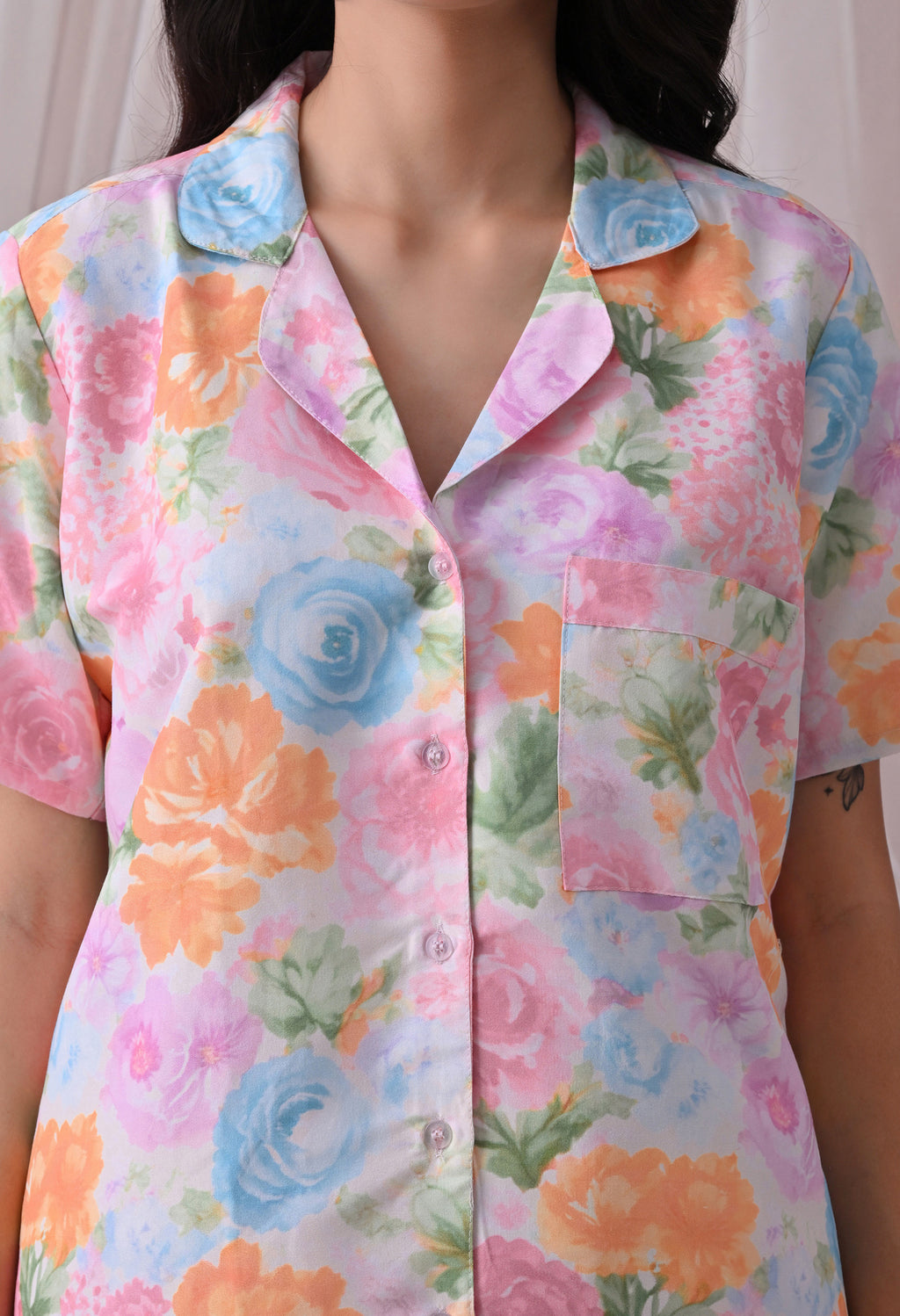 Powder Pink Floral Printed Japanese Blend Cotton Shirt & Pyjama Set by Ameerah