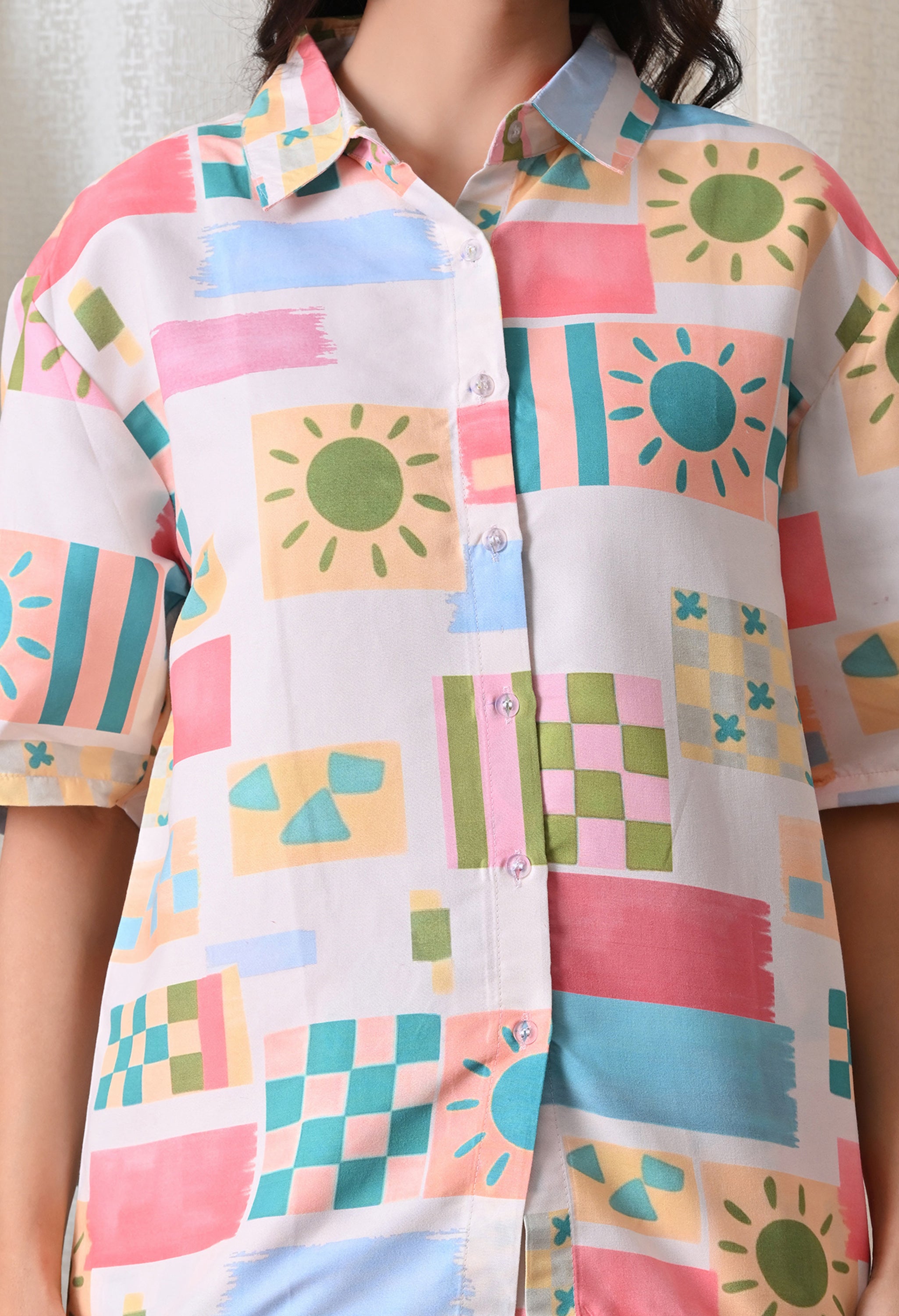 Off White Abstract Printed Japanese Blend Cotton Shirt & Short Set by Ameerah