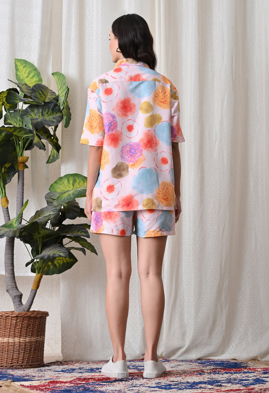 Powder Pink Abstract Floral Printed Japanese Blend Cotton Shirt & Short Set by Ameerah